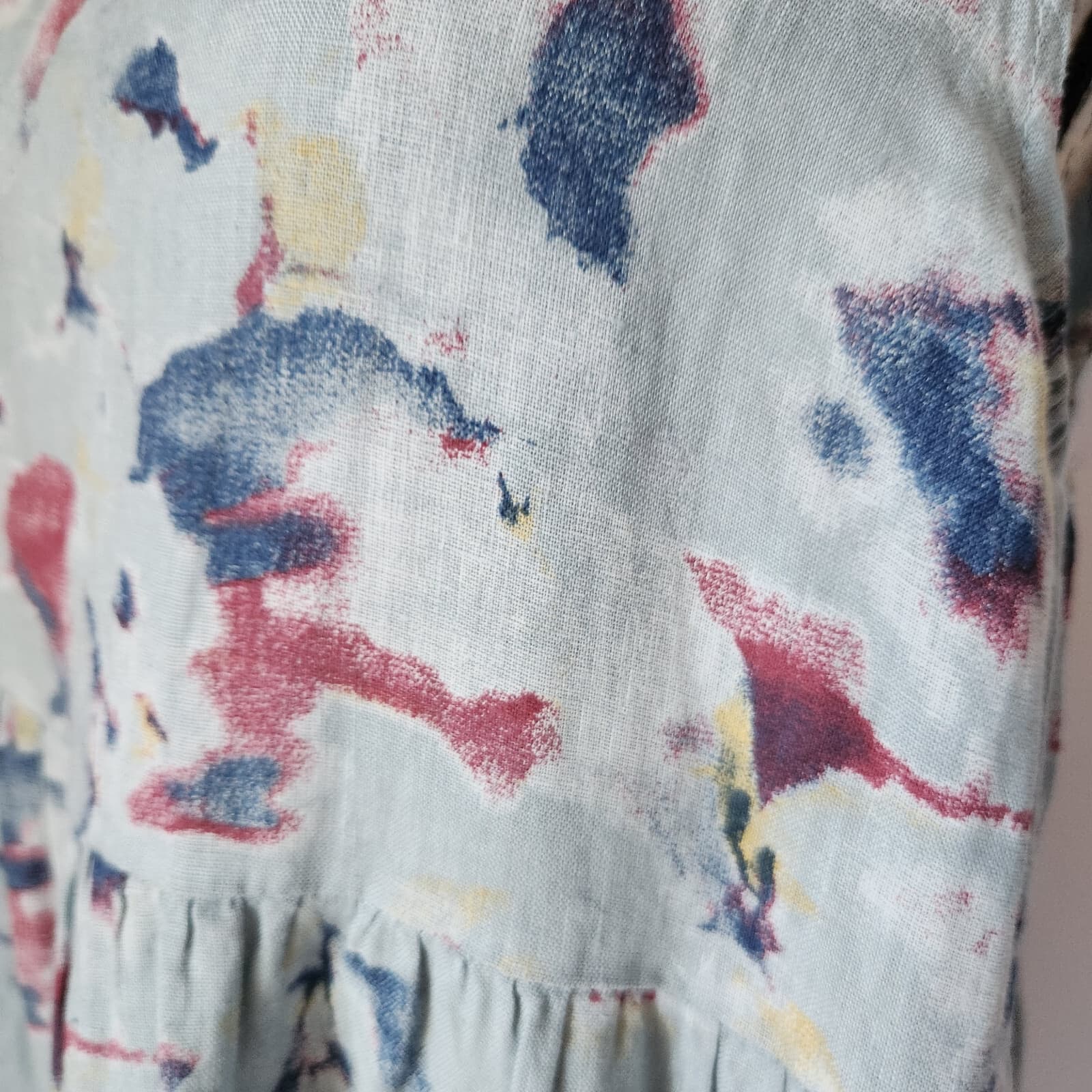 Bellambia Italy Linen Tiered Shift Dress Sleeveless Tie-Back Abstract Blue Sz.M - Thumbnail 3