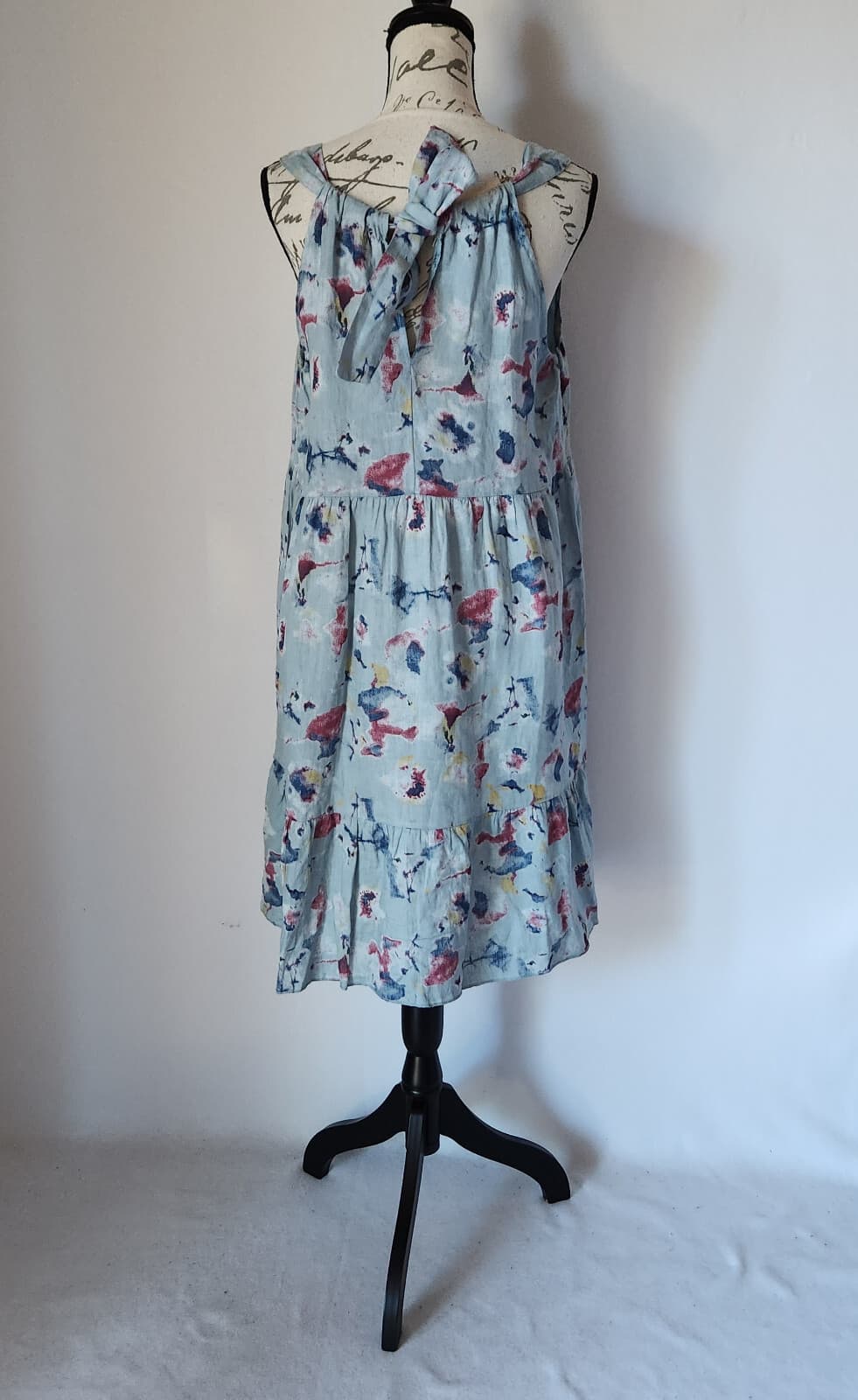 Bellambia Italy Linen Tiered Shift Dress Sleeveless Tie-Back Abstract Blue Sz.M - Thumbnail 4
