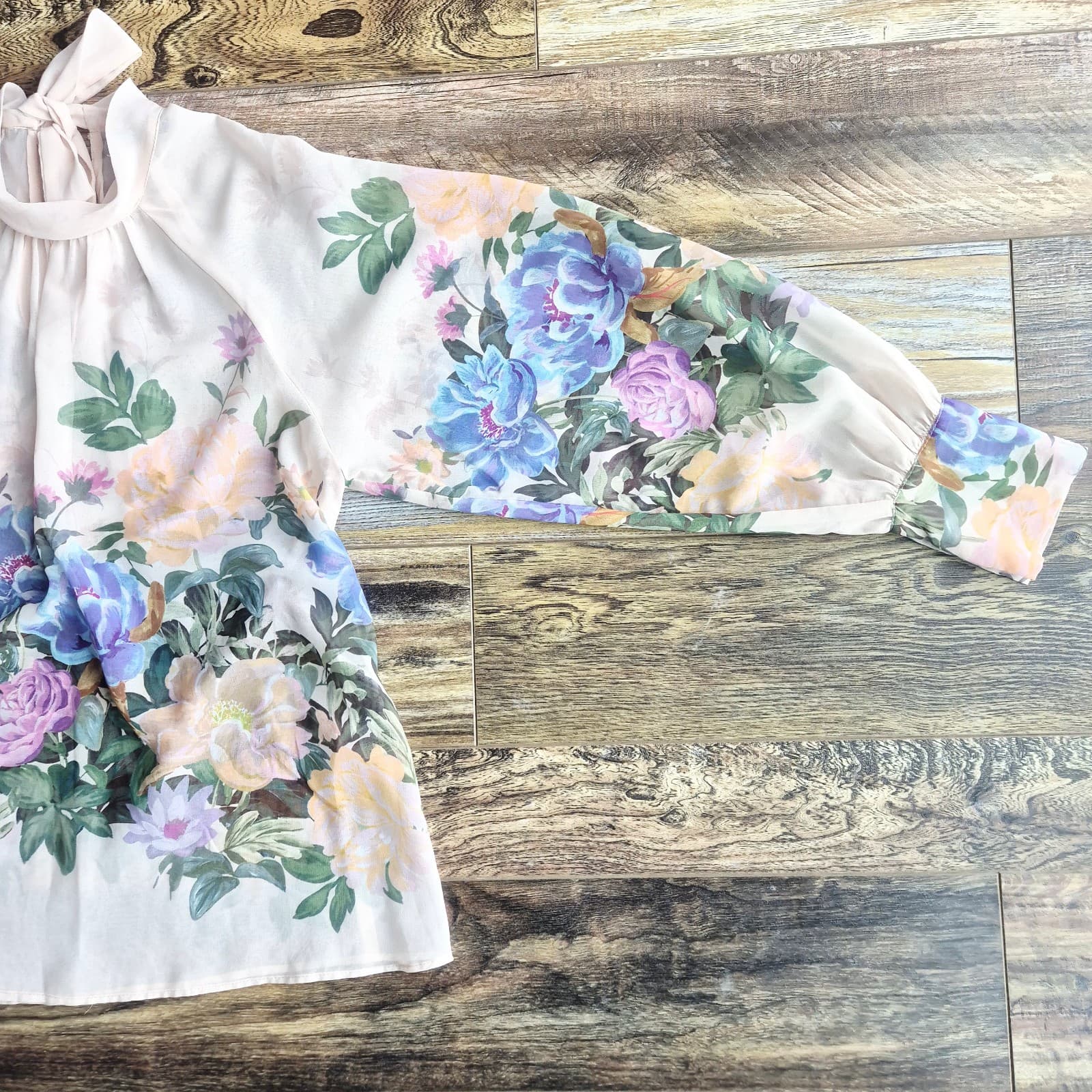Zara Floral Sheer Chiffon High Neck Blouse Tie-Back Long Sleeve Ivory Pink Sz.XS - Thumbnail 10
