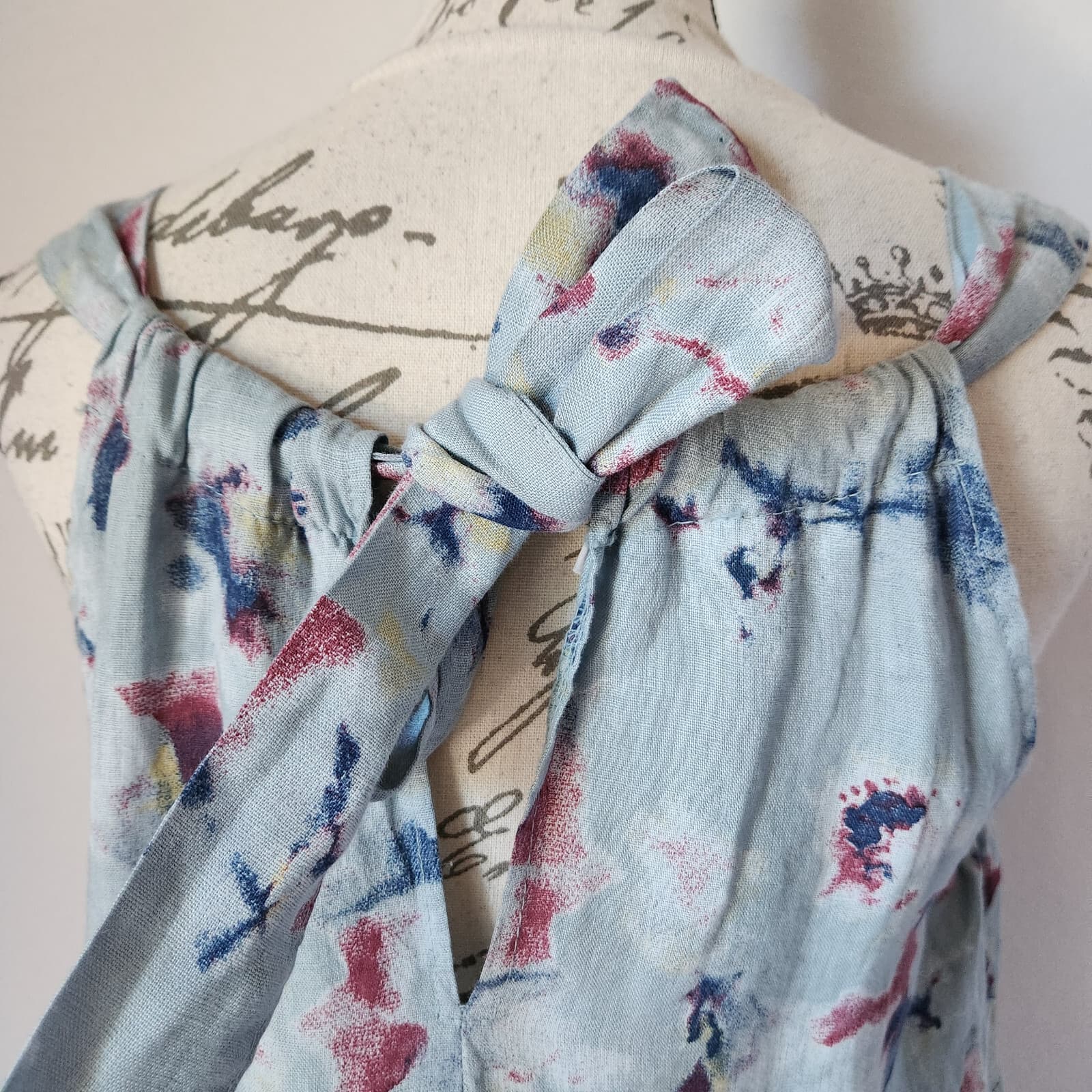 Bellambia Italy Linen Tiered Shift Dress Sleeveless Tie-Back Abstract Blue Sz.M - Thumbnail 5