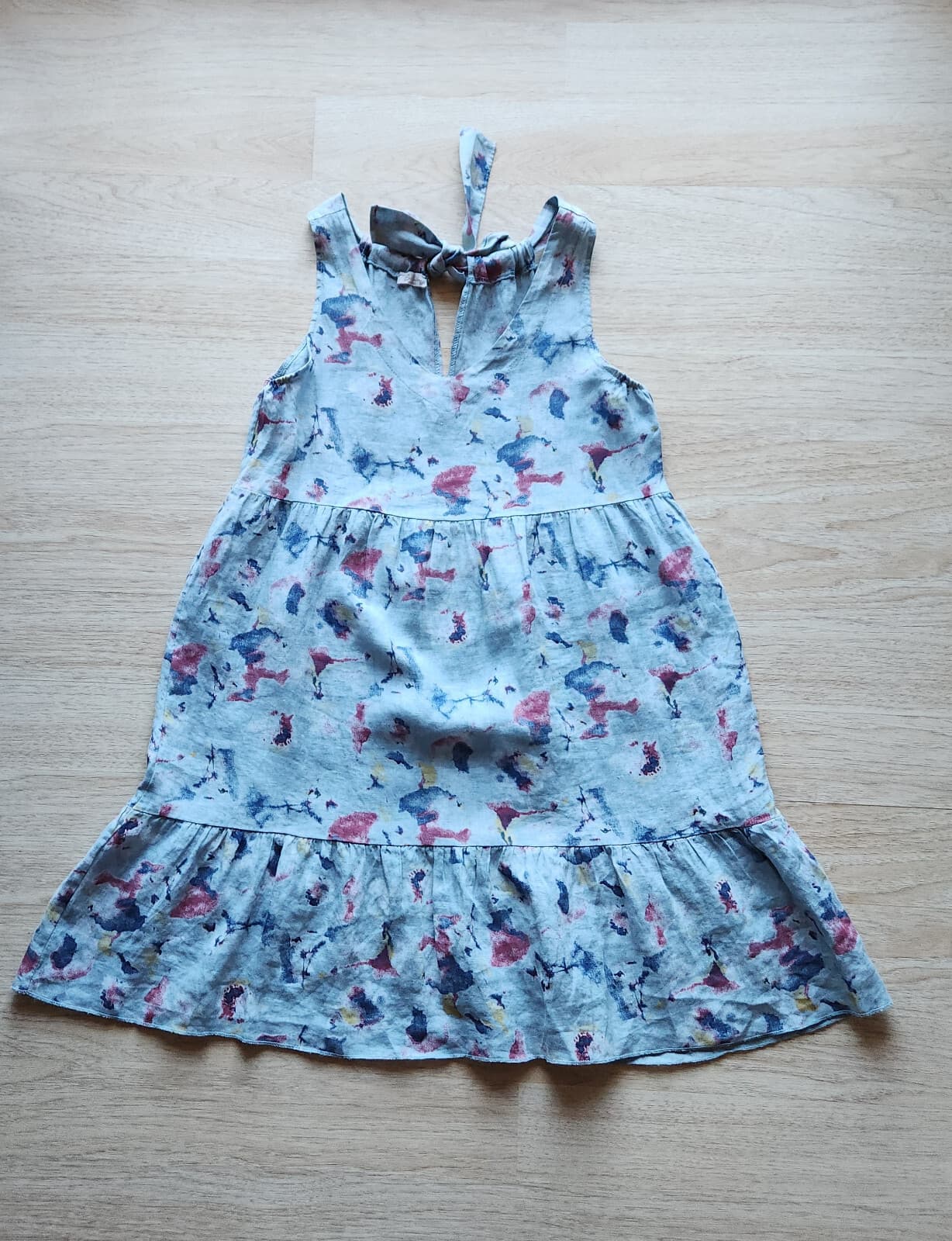 Bellambia Italy Linen Tiered Shift Dress Sleeveless Tie-Back Abstract Blue Sz.M - Thumbnail 7