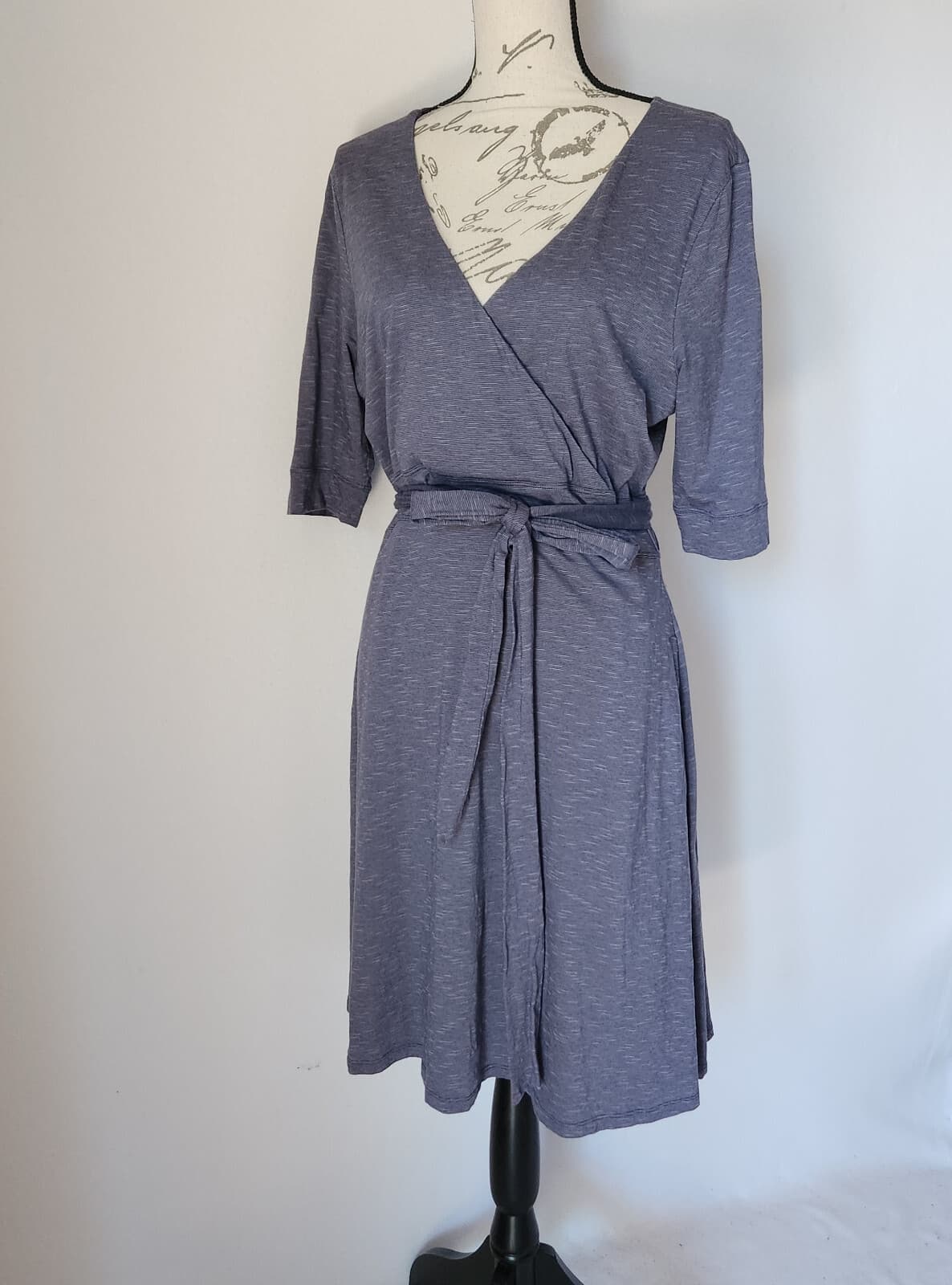 Toad&Co Cue Wrap Cafe Dress Short Sleeve Pocket Tencel Cotton Blue Shadow Sz.L - Thumbnail 2