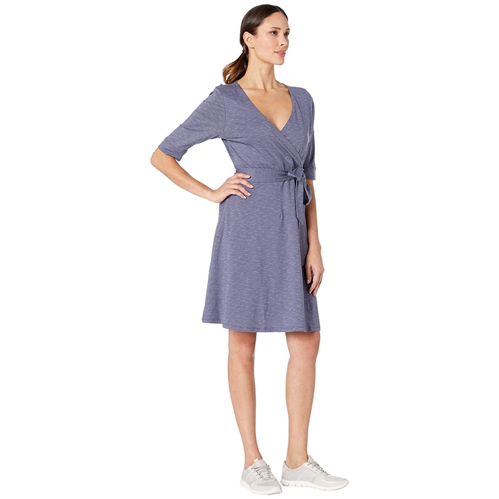 Toad&Co Cue Wrap Cafe Dress Short Sleeve Pocket Tencel Cotton Blue Shadow Sz.L - Thumbnail 3