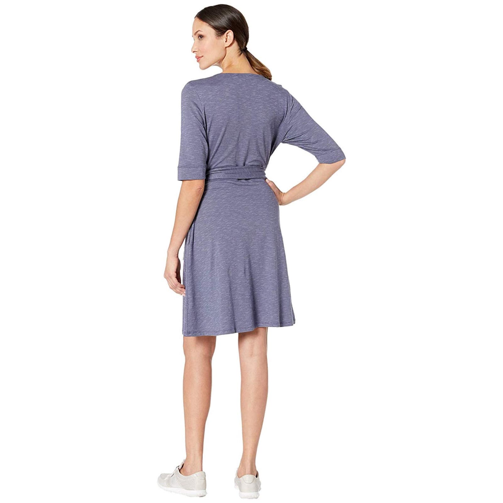 Toad&Co Cue Wrap Cafe Dress Short Sleeve Pocket Tencel Cotton Blue Shadow Sz.L - Thumbnail 5
