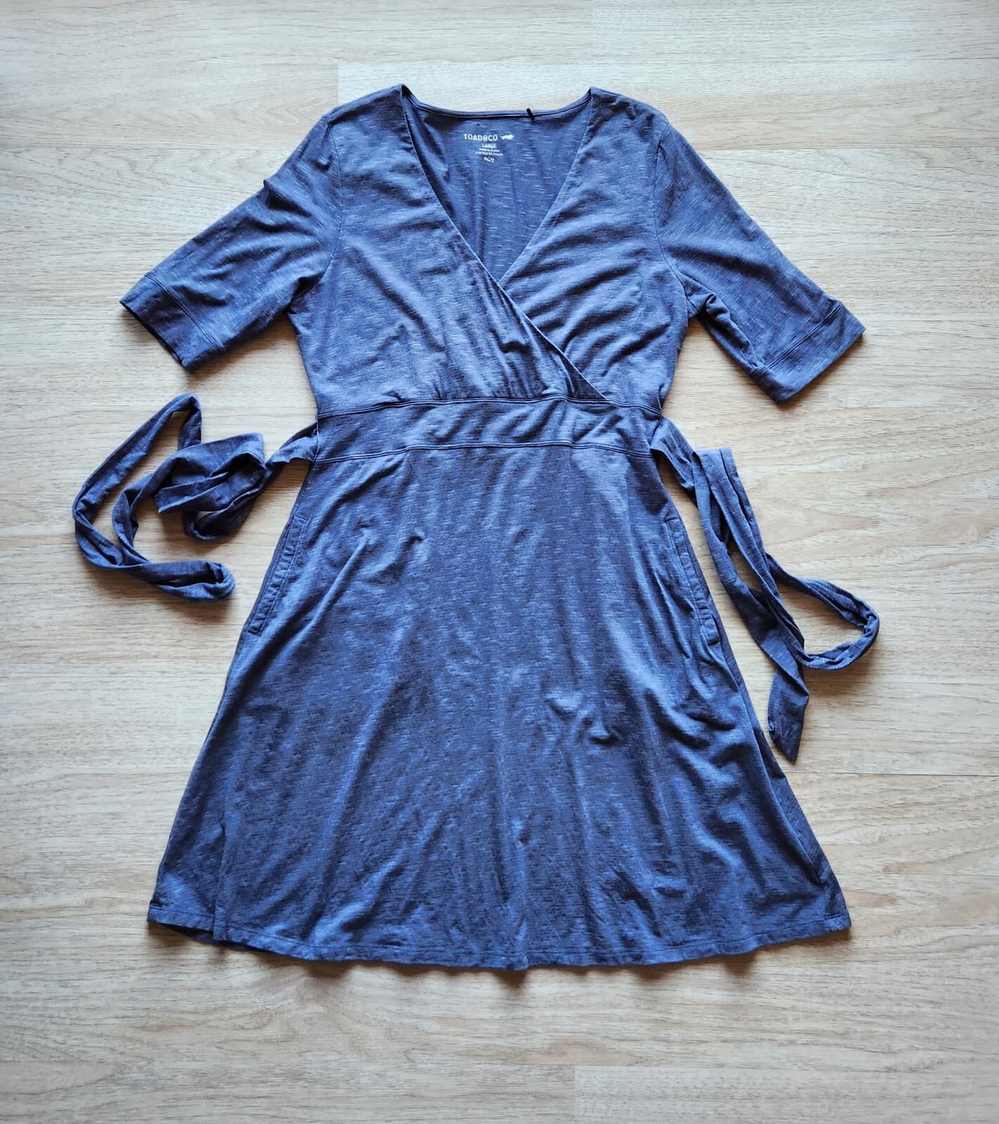Toad&Co Cue Wrap Cafe Dress Short Sleeve Pocket Tencel Cotton Blue Shadow Sz.L - Thumbnail 8