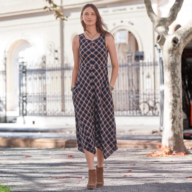 Sundance Town & Country Plaid Dress Bias Cut Asymmetrical Hem Blue Brown Sz.6 - Thumbnail 6
