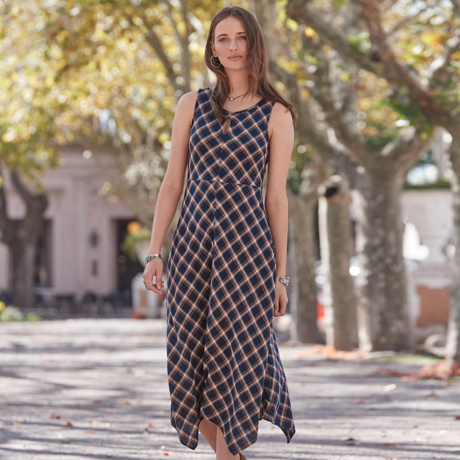 Sundance Town & Country Plaid Dress Bias Cut Asymmetrical Hem Blue Brown Sz.6 - Thumbnail 7