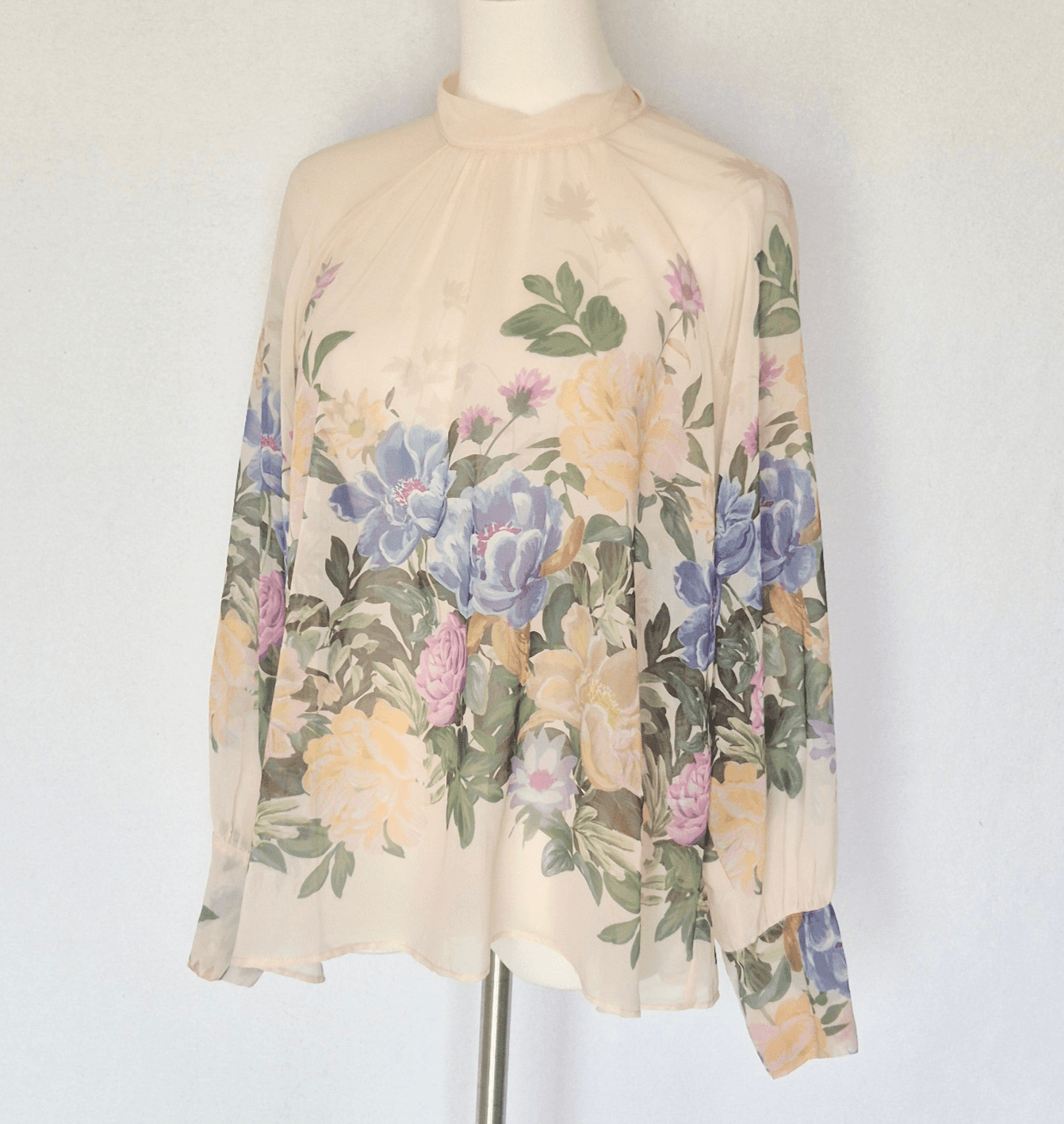 Zara Floral Sheer Chiffon High Neck Blouse Tie-Back Long Sleeve Ivory Pink Sz.XS - Thumbnail 3