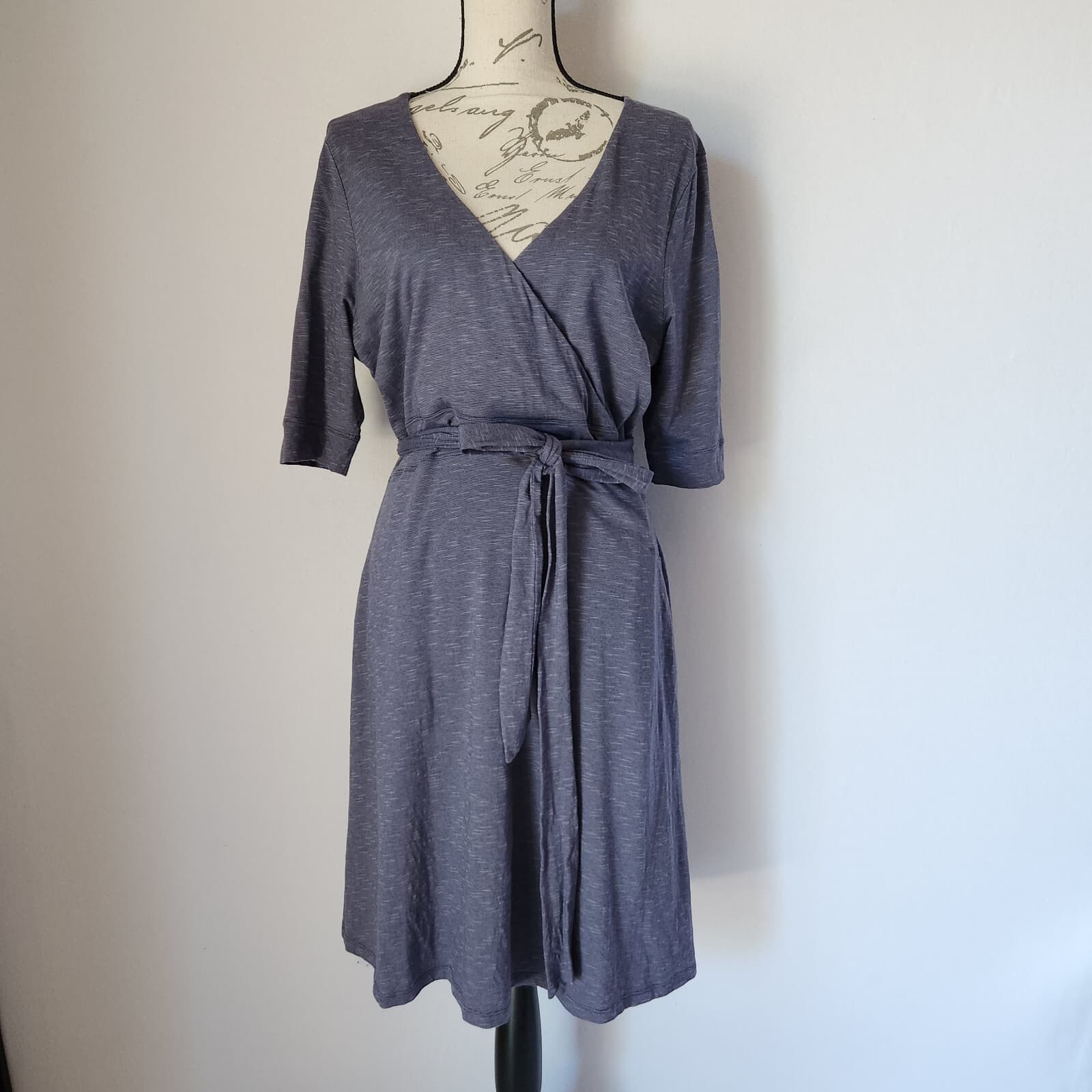 Toad&Co Cue Wrap Cafe Dress Short Sleeve Pocket Tencel Cotton Blue Shadow Sz.L - Thumbnail 4