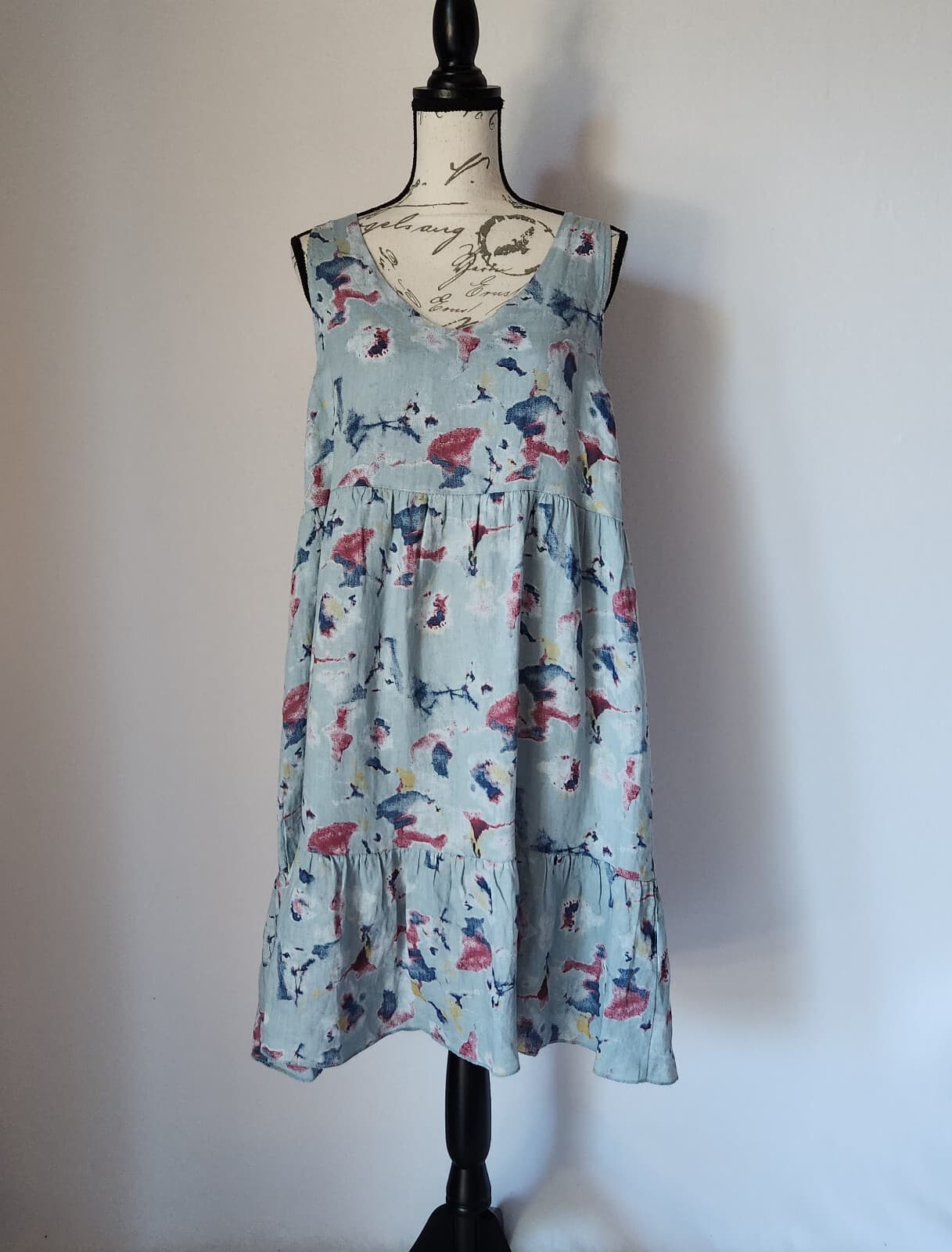 Bellambia Italy Linen Tiered Shift Dress Sleeveless Tie-Back Abstract Blue Sz.M - Thumbnail 2