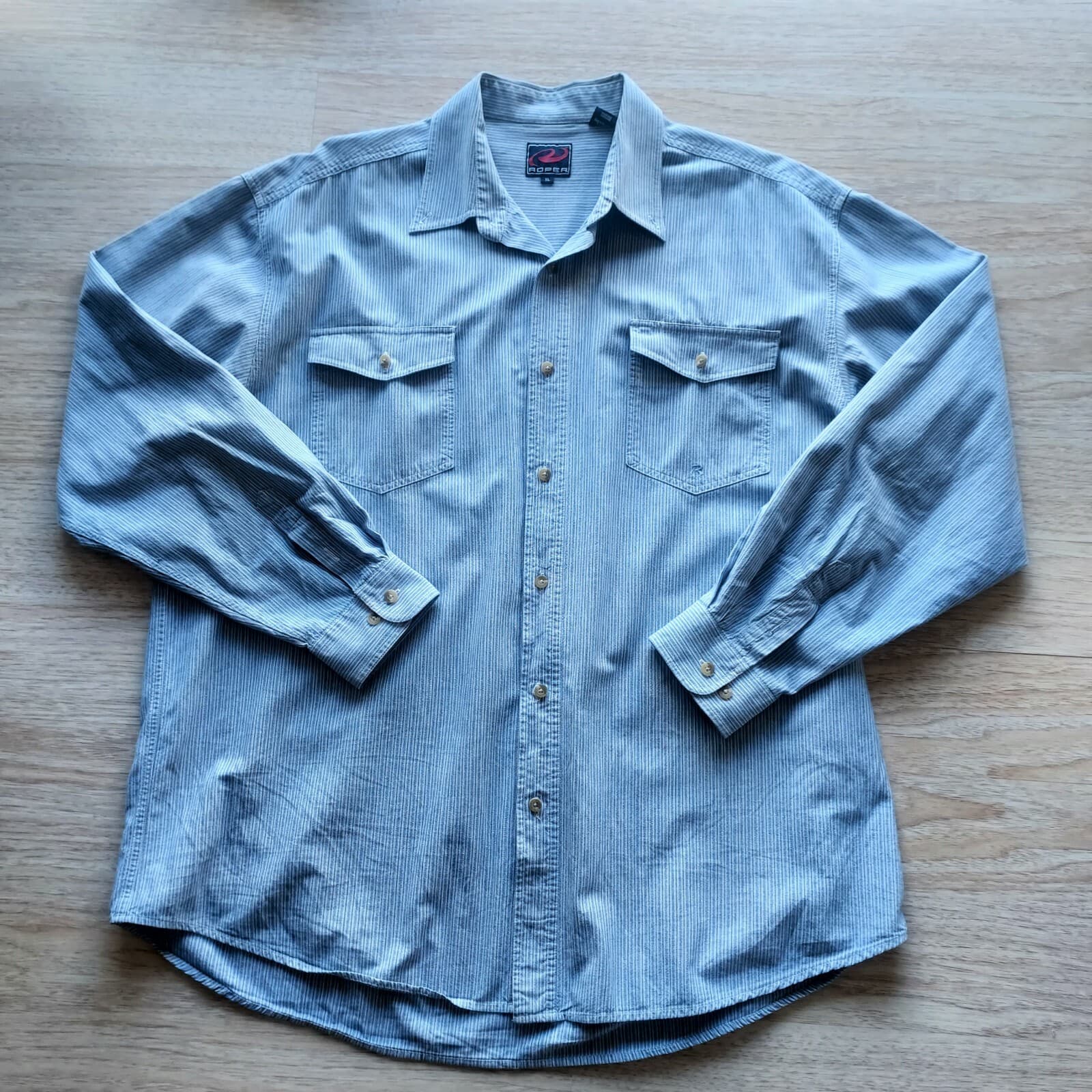 ROPER Western Shirt Button Long Sleeve Blue-White Striped 100% Cotton Men Sz.XL - Thumbnail 2