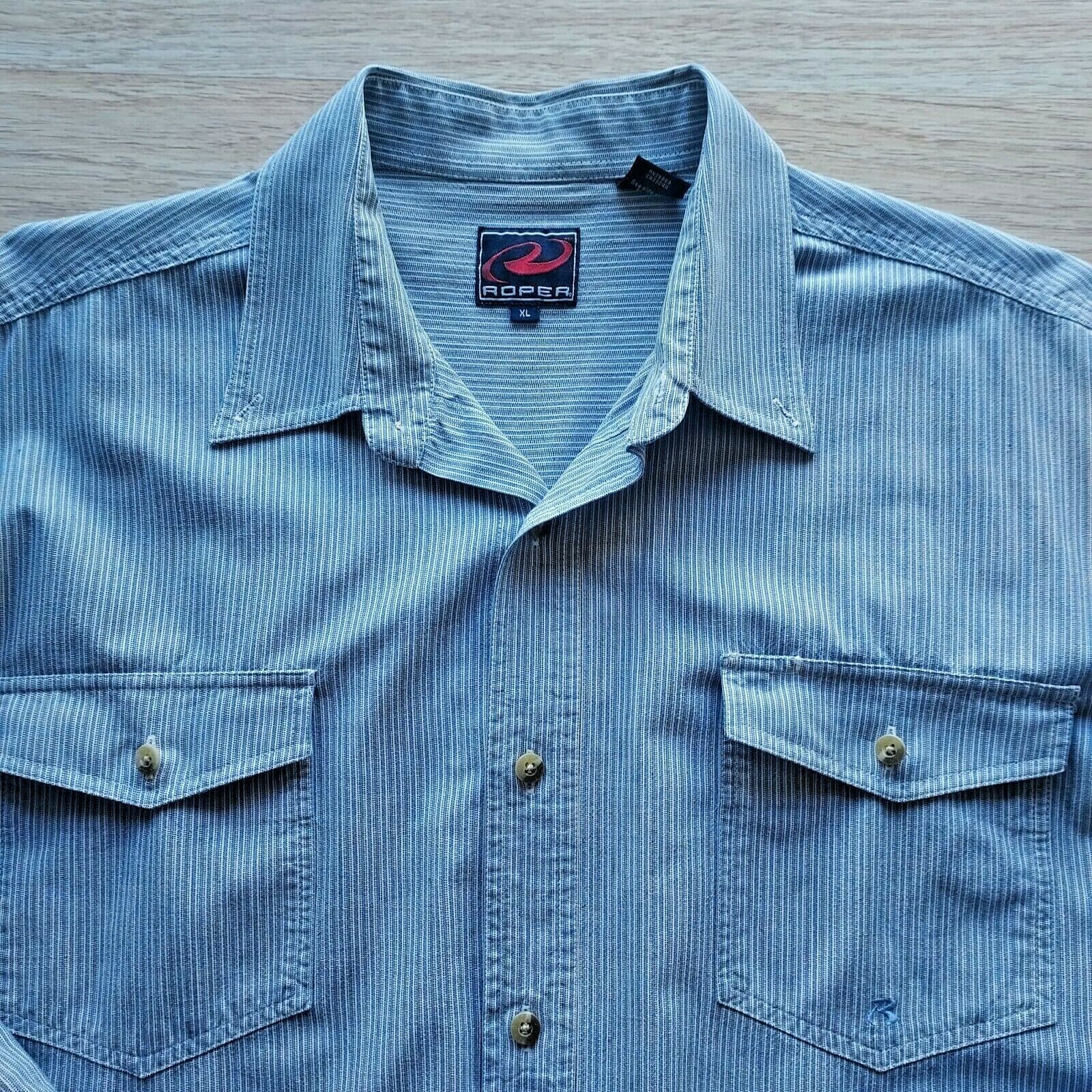ROPER Western Shirt Button Long Sleeve Blue-White Striped 100% Cotton Men Sz.XL