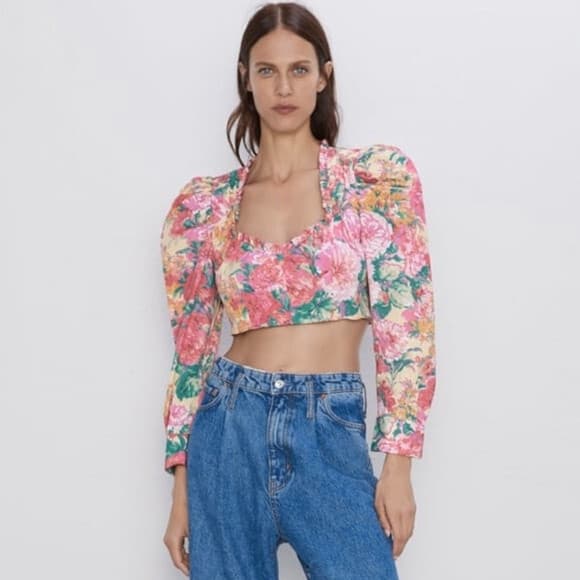 ZARA Floral Retro Cropped Top Long Sleeve Ruffle Sweetheart Neck Pink Cotton XL - Thumbnail 6