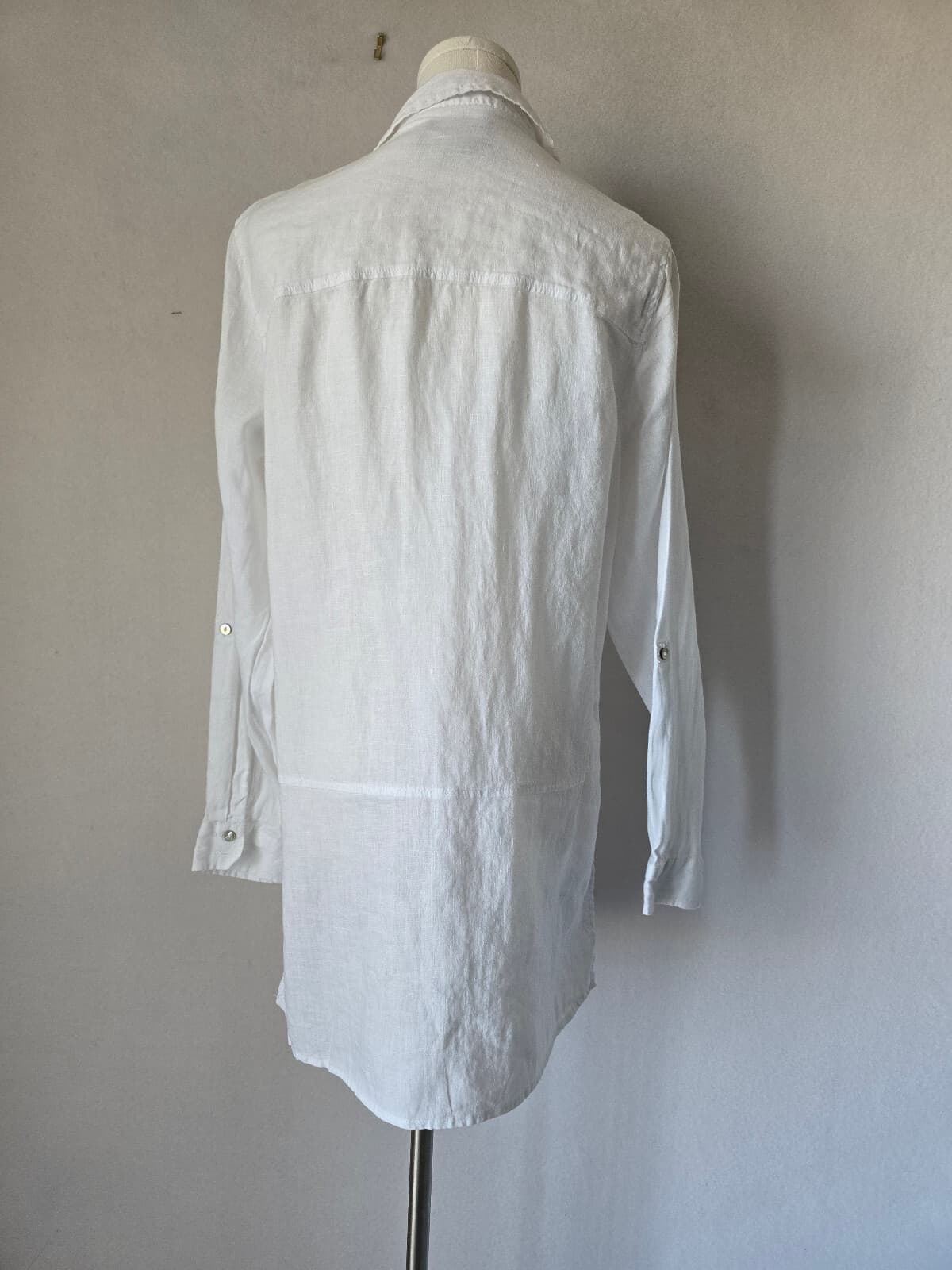 TAHARI Linen Lagenlook Long-Tunic Button-Up Shirt Roll-Tap Sleeve White Womens M - Thumbnail 4