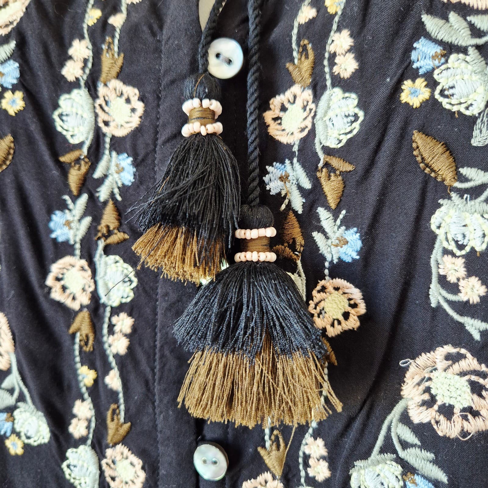 J.Jill Embroidered Peasant Blouse Tassel Button-Up 3/4 Sleeve Rayon Black Sz.M - Thumbnail 9