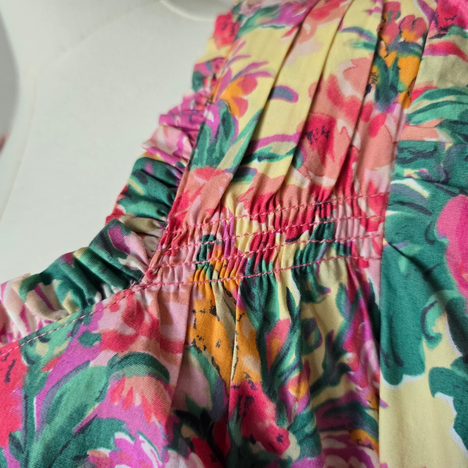 ZARA Floral Retro Cropped Top Long Sleeve Ruffle Sweetheart Neck Pink Cotton XL - Thumbnail 5