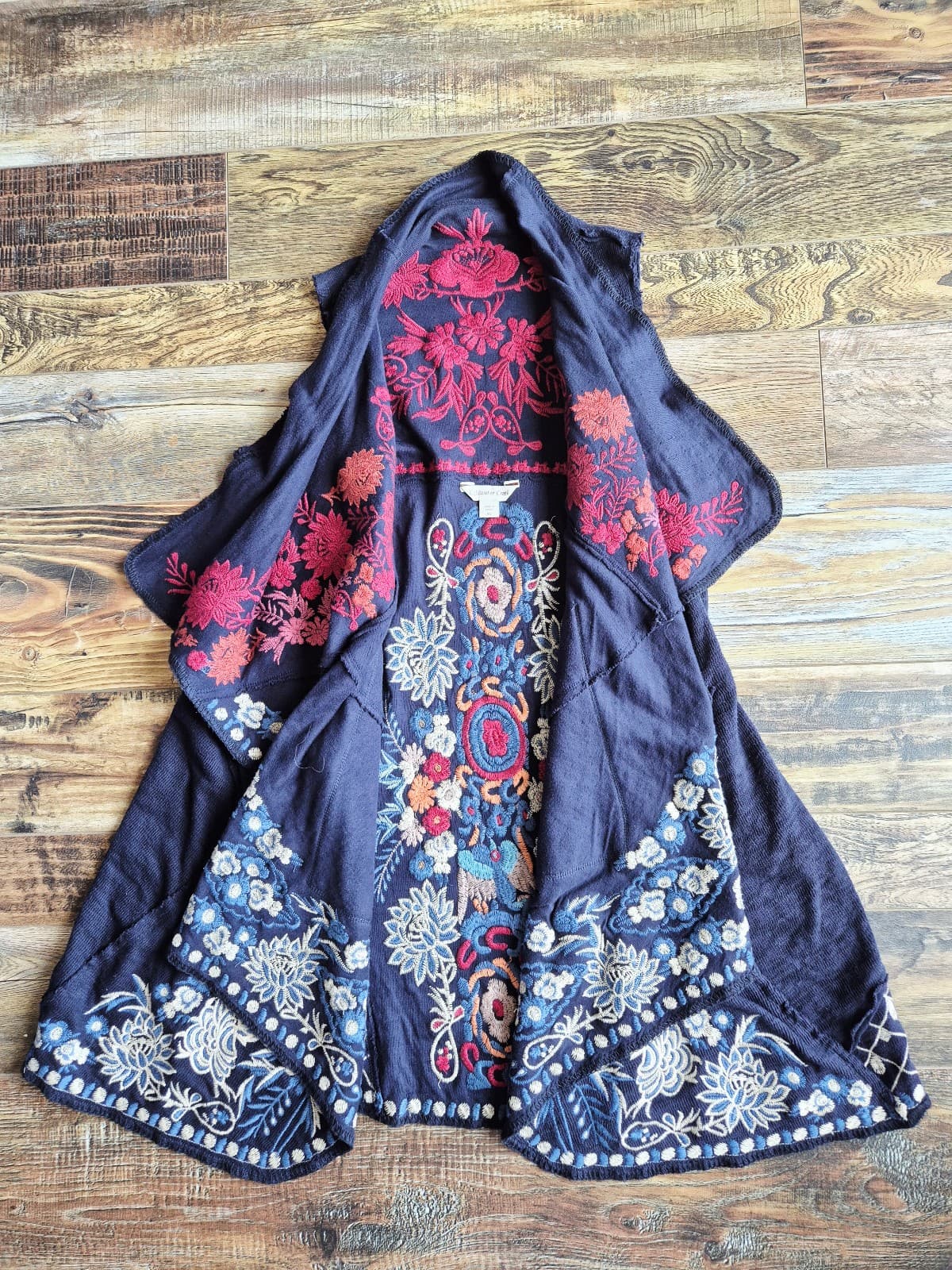 Coldwater Creek Sleeveless Embroidered Bohemian Drap Cardigan Vest Knit Blue XS - Thumbnail 4