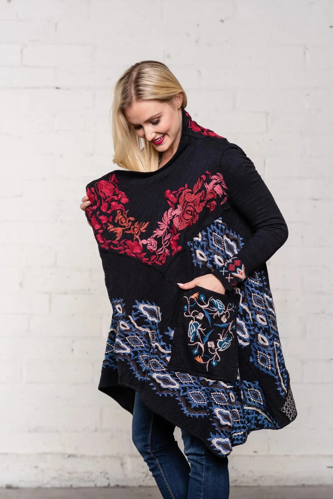 Coldwater Creek Sleeveless Embroidered Bohemian Drap Cardigan Vest Knit Blue XS - Thumbnail 15