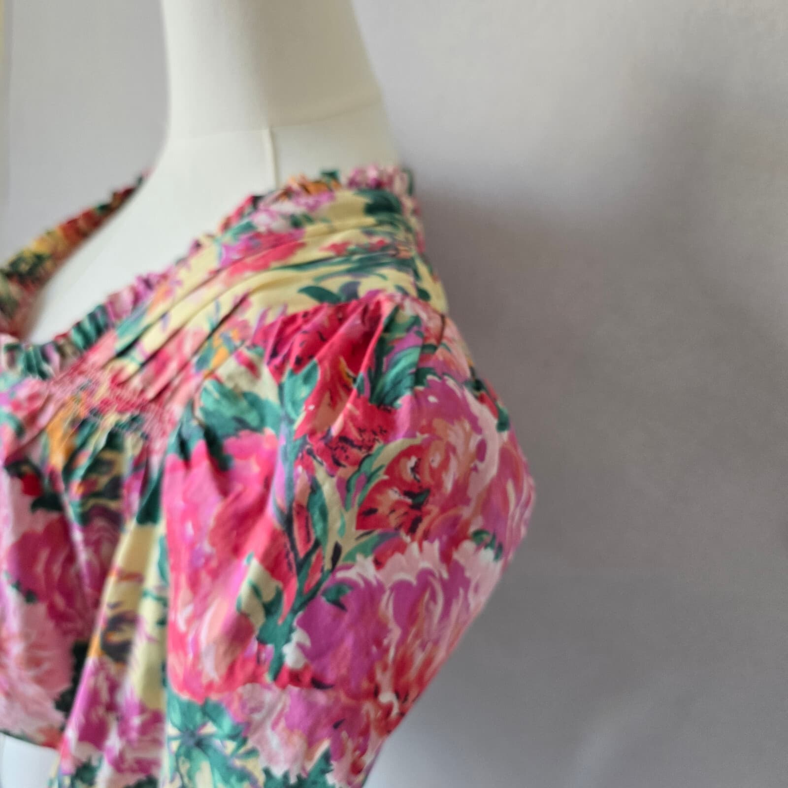 ZARA Floral Retro Cropped Top Long Sleeve Ruffle Sweetheart Neck Pink Cotton XL - Thumbnail 8
