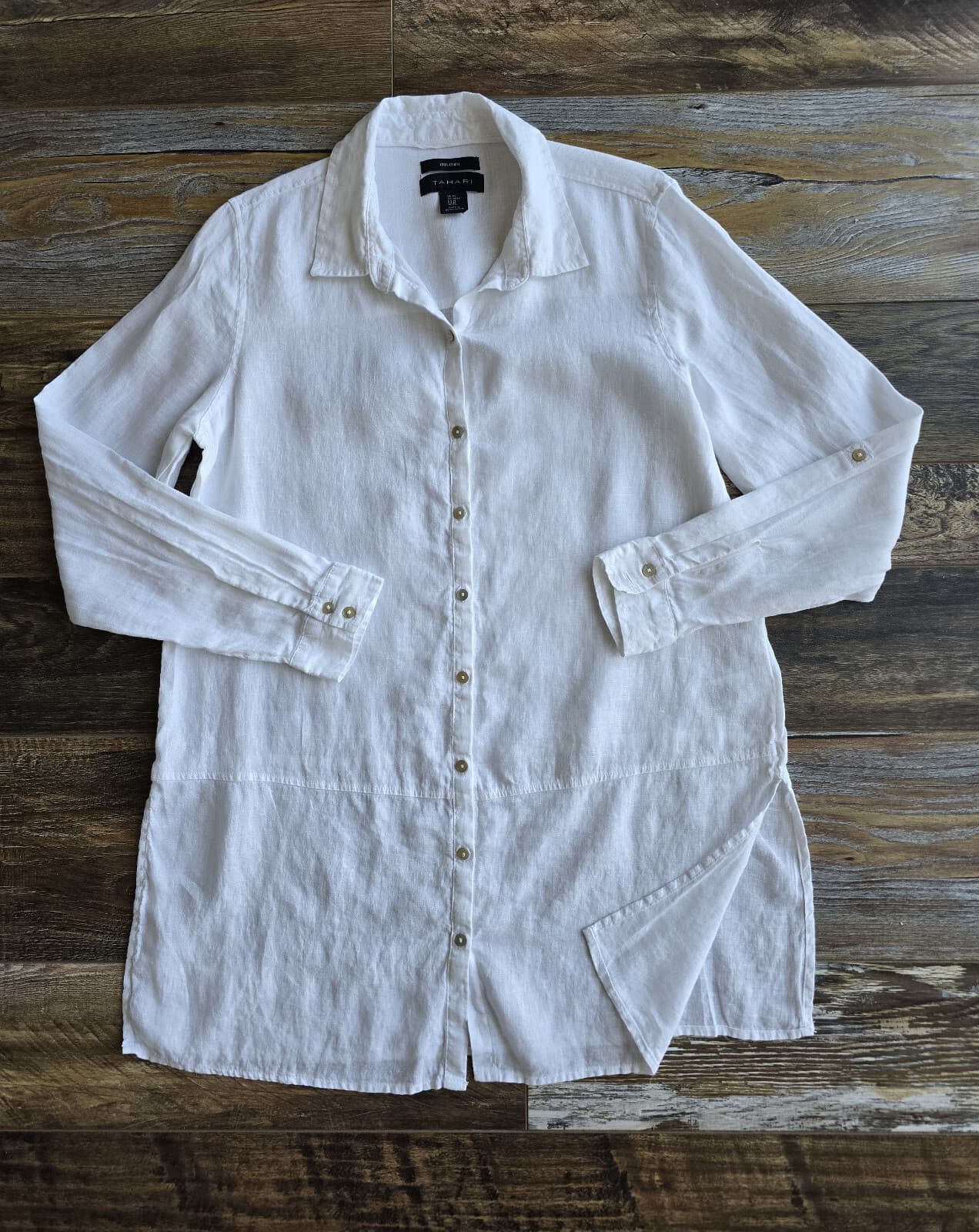 TAHARI Linen Lagenlook Long-Tunic Button-Up Shirt Roll-Tap Sleeve White Womens M - Thumbnail 5