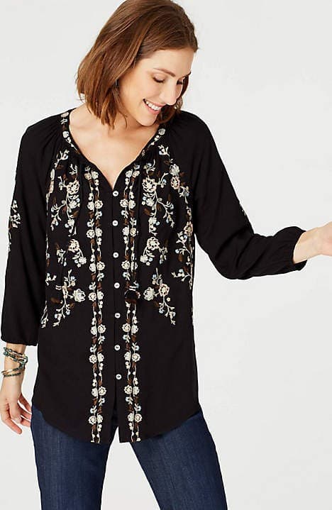 J.Jill Embroidered Peasant Blouse Tassel Button-Up 3/4 Sleeve Rayon Black Sz.M - Thumbnail 2