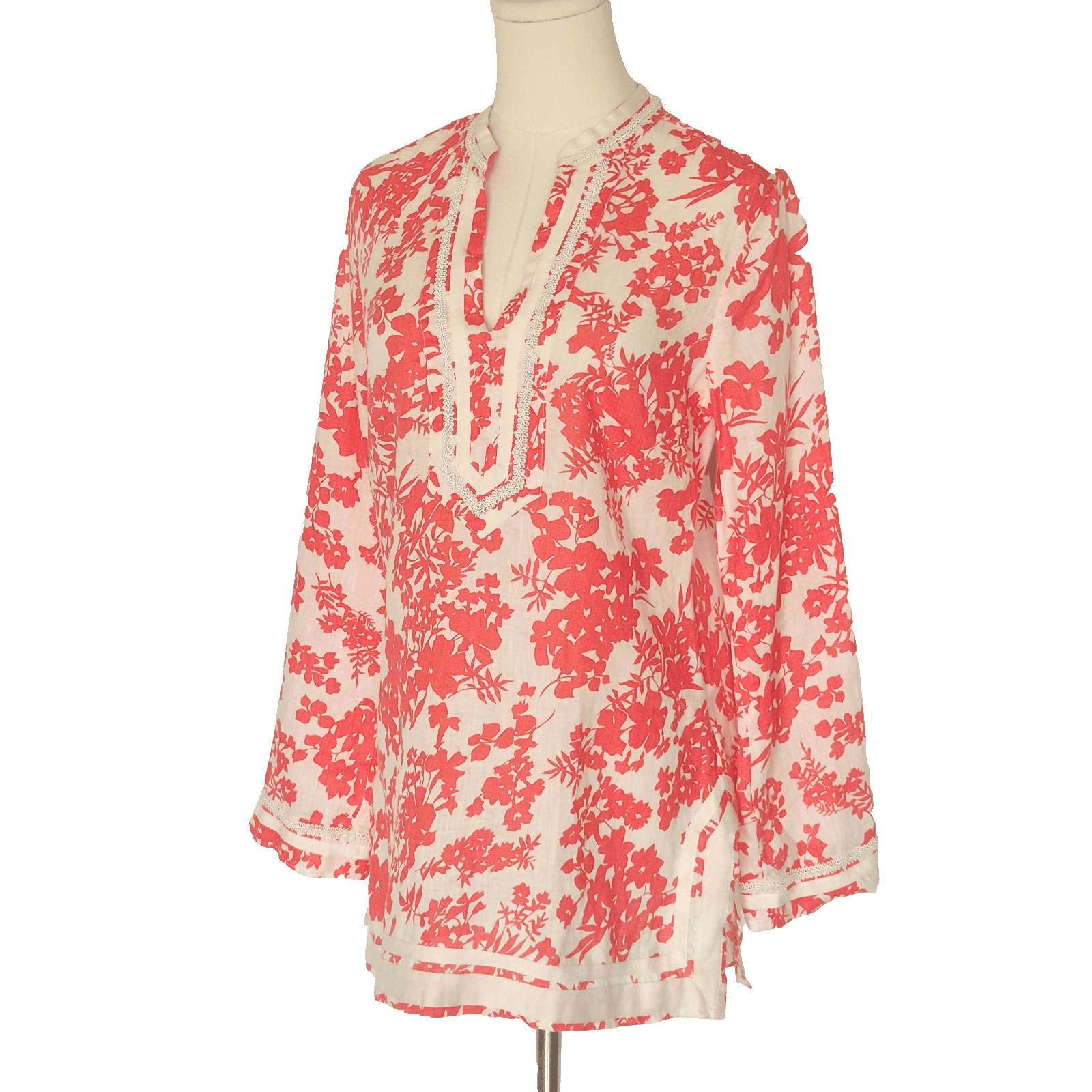 Malvin I Love Linen Pink Floral Tunic Blouse Popover V-Neck Long Sleeve Size M - Thumbnail 4