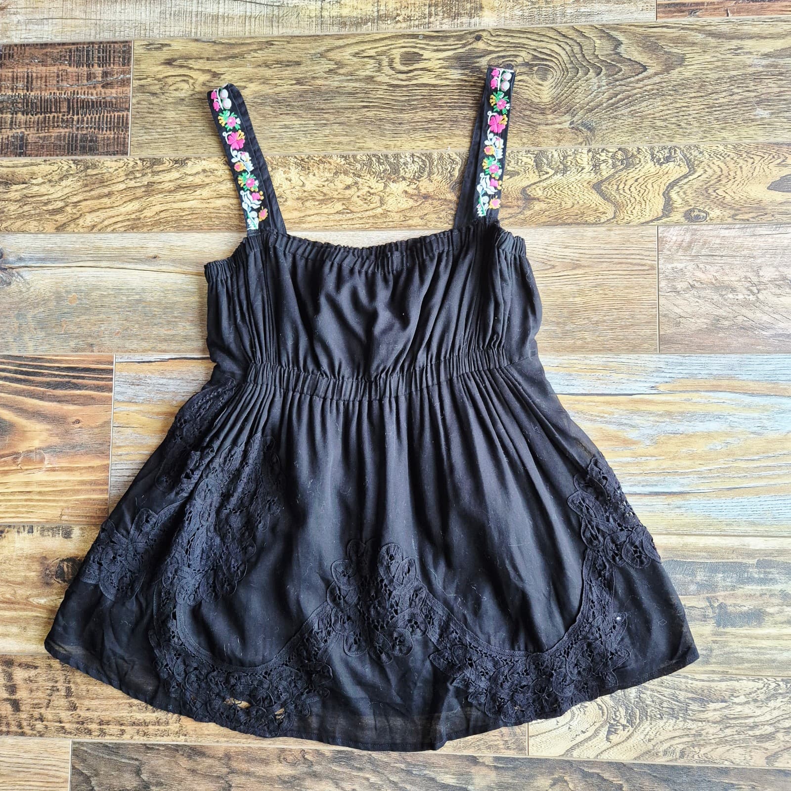 Lithe Anthropologie Floral Embroidered Lace Babydoll Sleeveless Top Black Sz.6 - Thumbnail 6