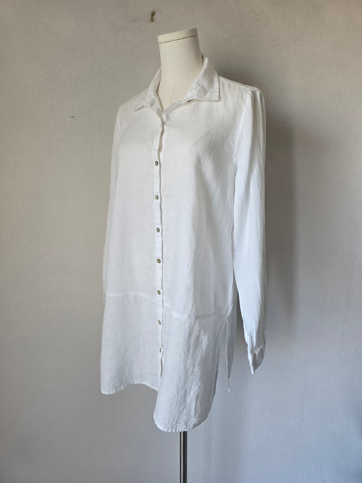 TAHARI Linen Lagenlook Long-Tunic Button-Up Shirt Roll-Tap Sleeve White Womens M - Thumbnail 2