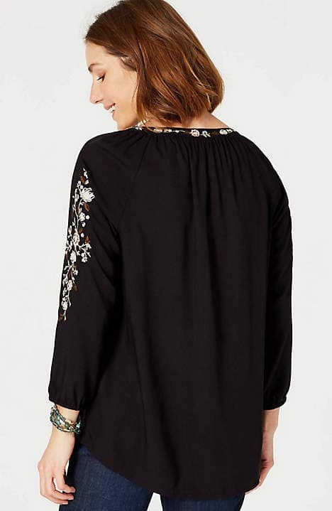 J.Jill Embroidered Peasant Blouse Tassel Button-Up 3/4 Sleeve Rayon Black Sz.M - Thumbnail 10