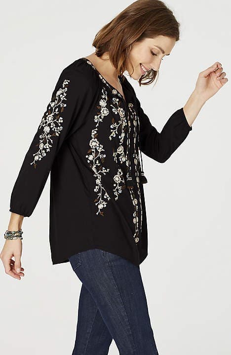J.Jill Embroidered Peasant Blouse Tassel Button-Up 3/4 Sleeve Rayon Black Sz.M - Thumbnail 4