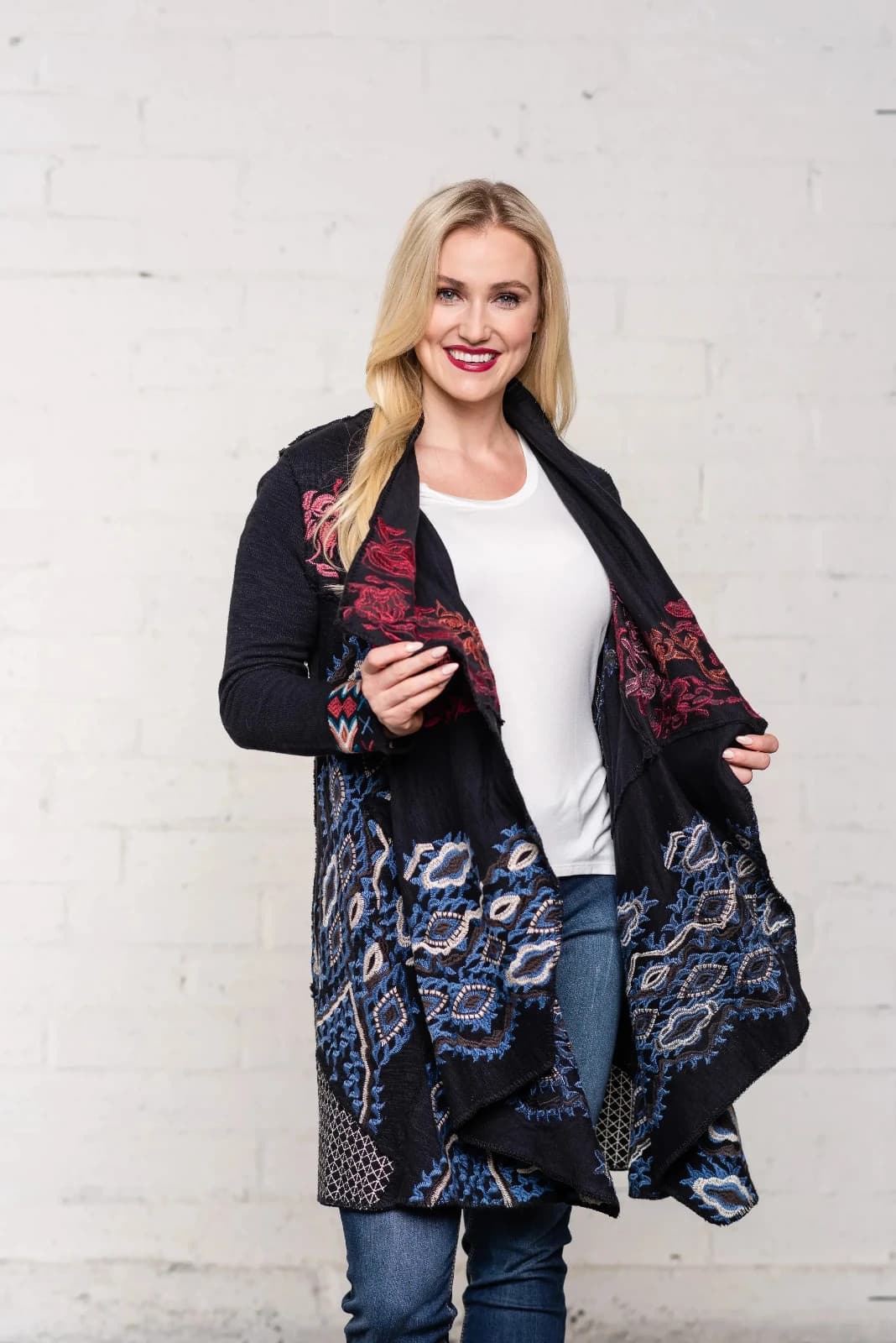 Coldwater Creek Sleeveless Embroidered Bohemian Drap Cardigan Vest Knit Blue XS - Thumbnail 16