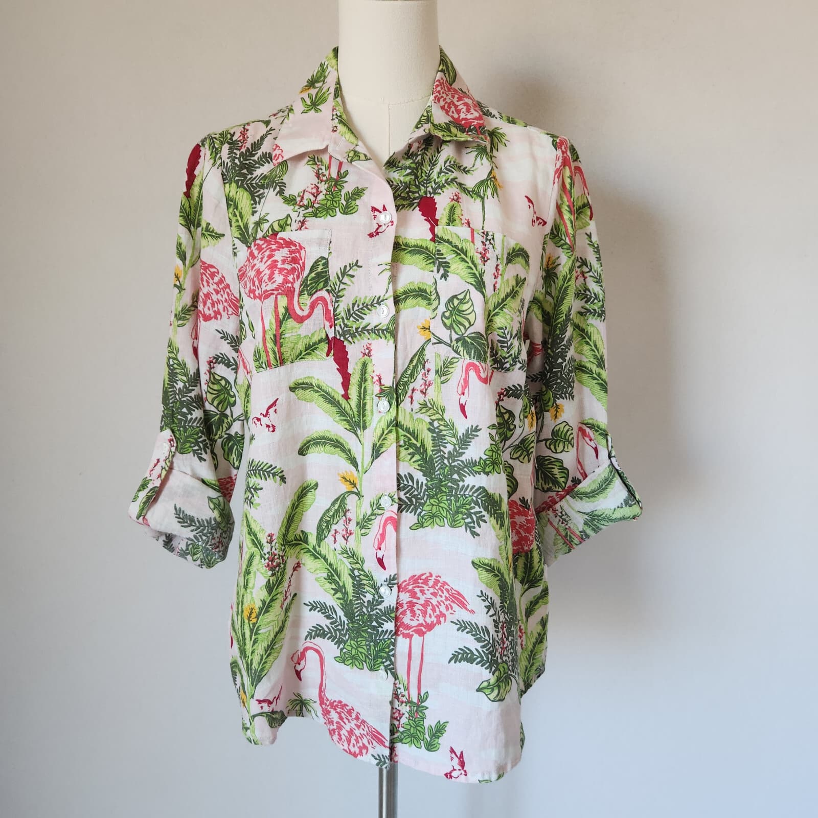 NWT Charter Club Linen Flamingo Palm Tree Button-Up Shirt Roll-Tap Sleeve Sz.PM