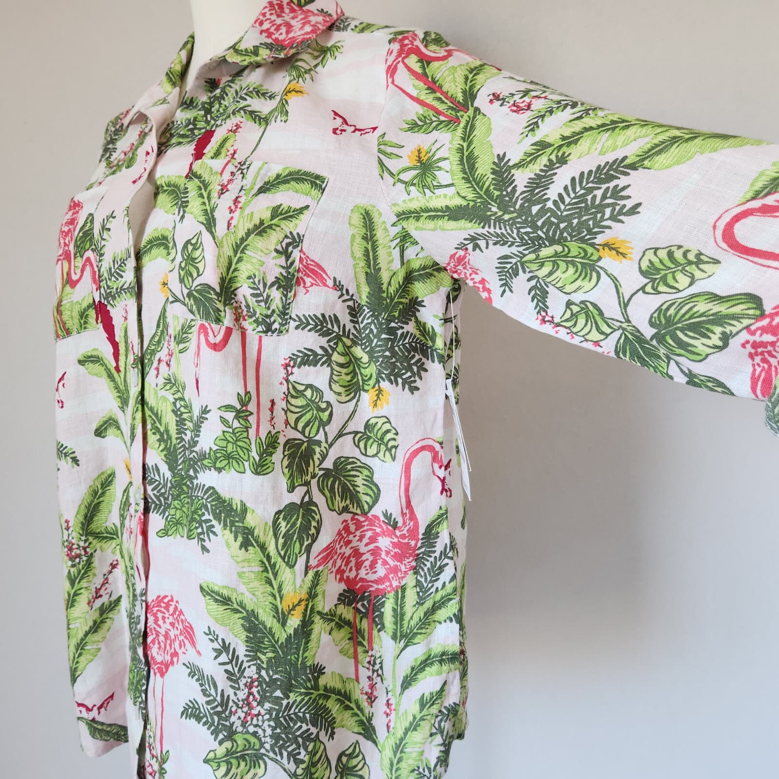 NWT Charter Club Linen Flamingo Palm Tree Button-Up Shirt Roll-Tap Sleeve Sz.PM - Thumbnail 4