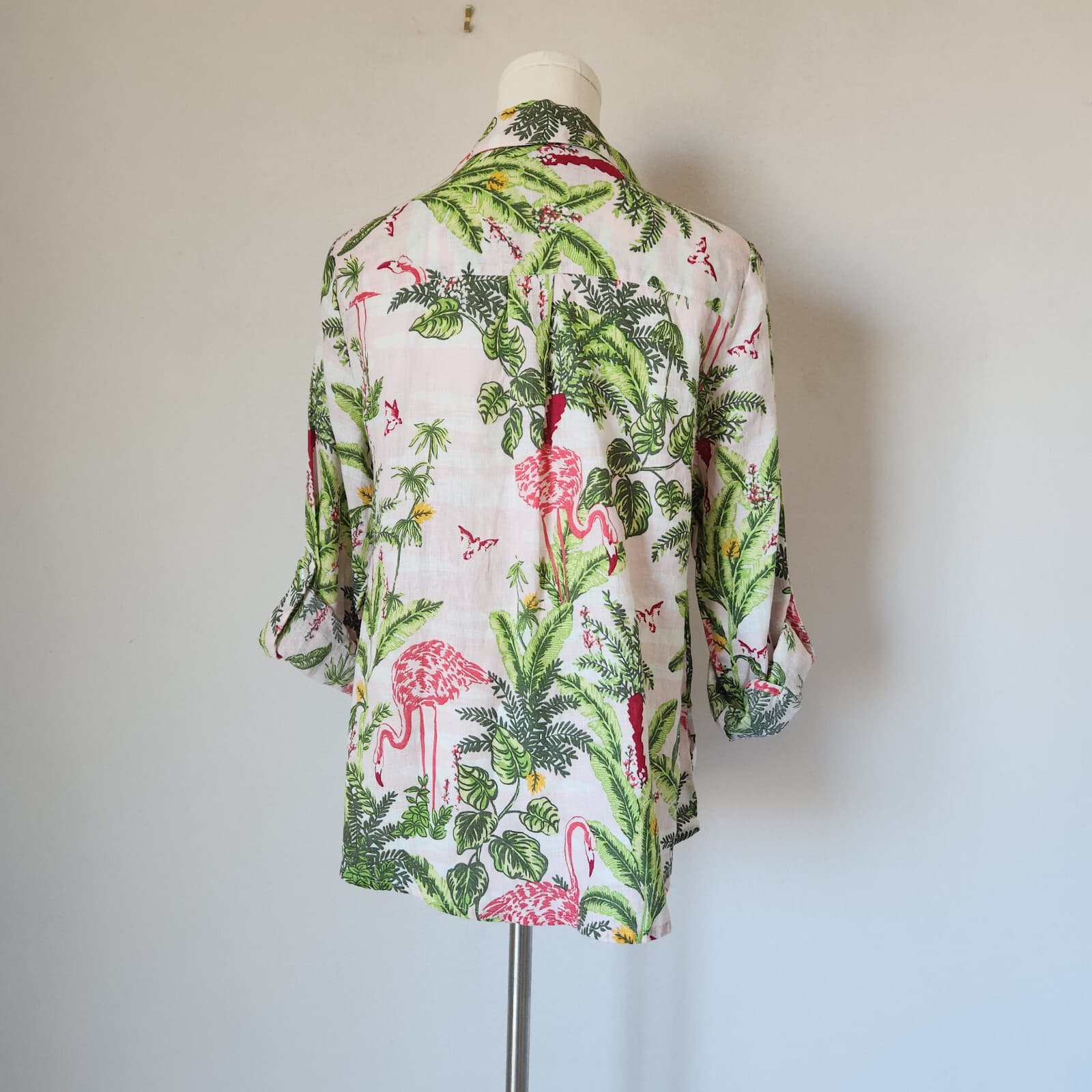 NWT Charter Club Linen Flamingo Palm Tree Button-Up Shirt Roll-Tap Sleeve Sz.PM - Thumbnail 5