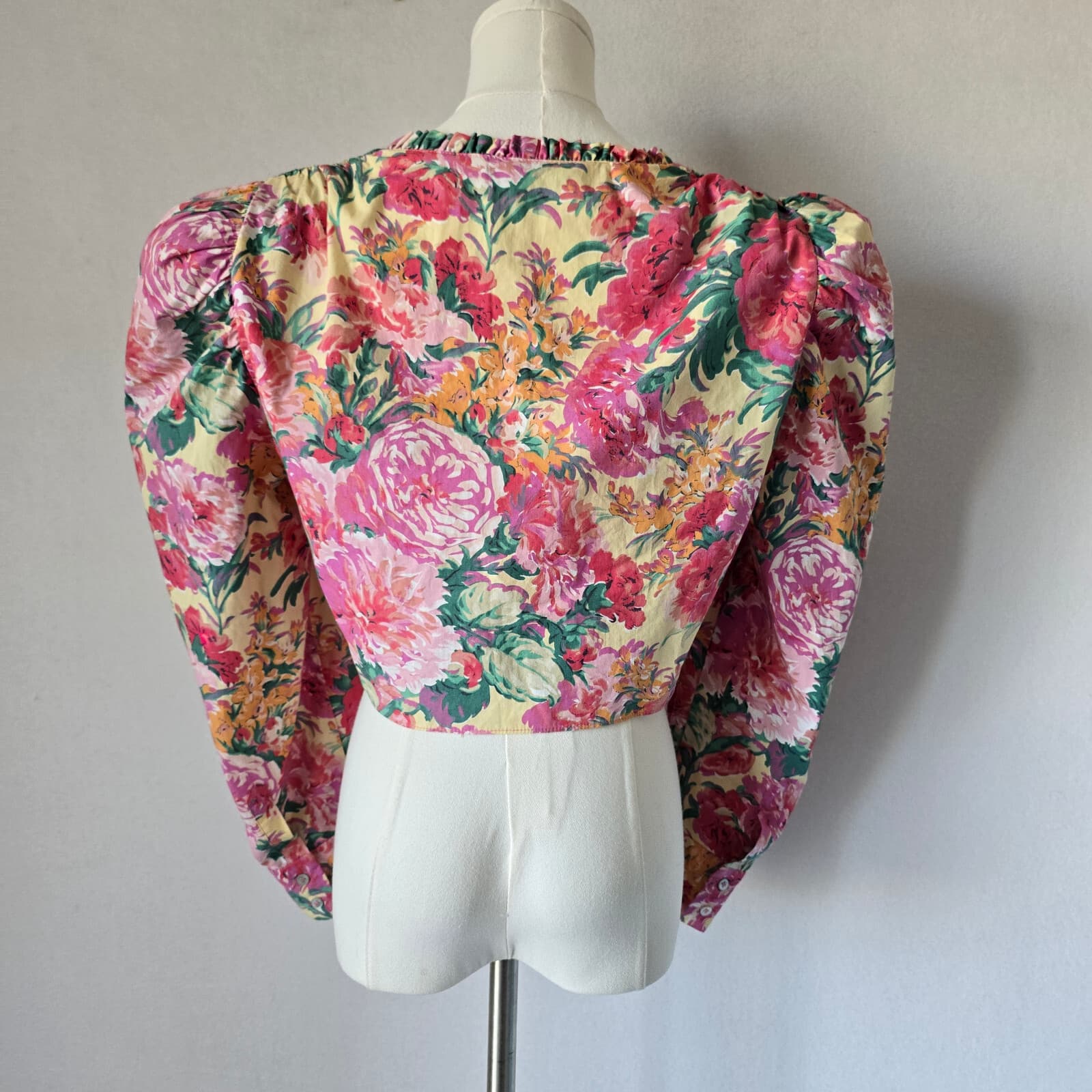 ZARA Floral Retro Cropped Top Long Sleeve Ruffle Sweetheart Neck Pink Cotton XL - Thumbnail 9
