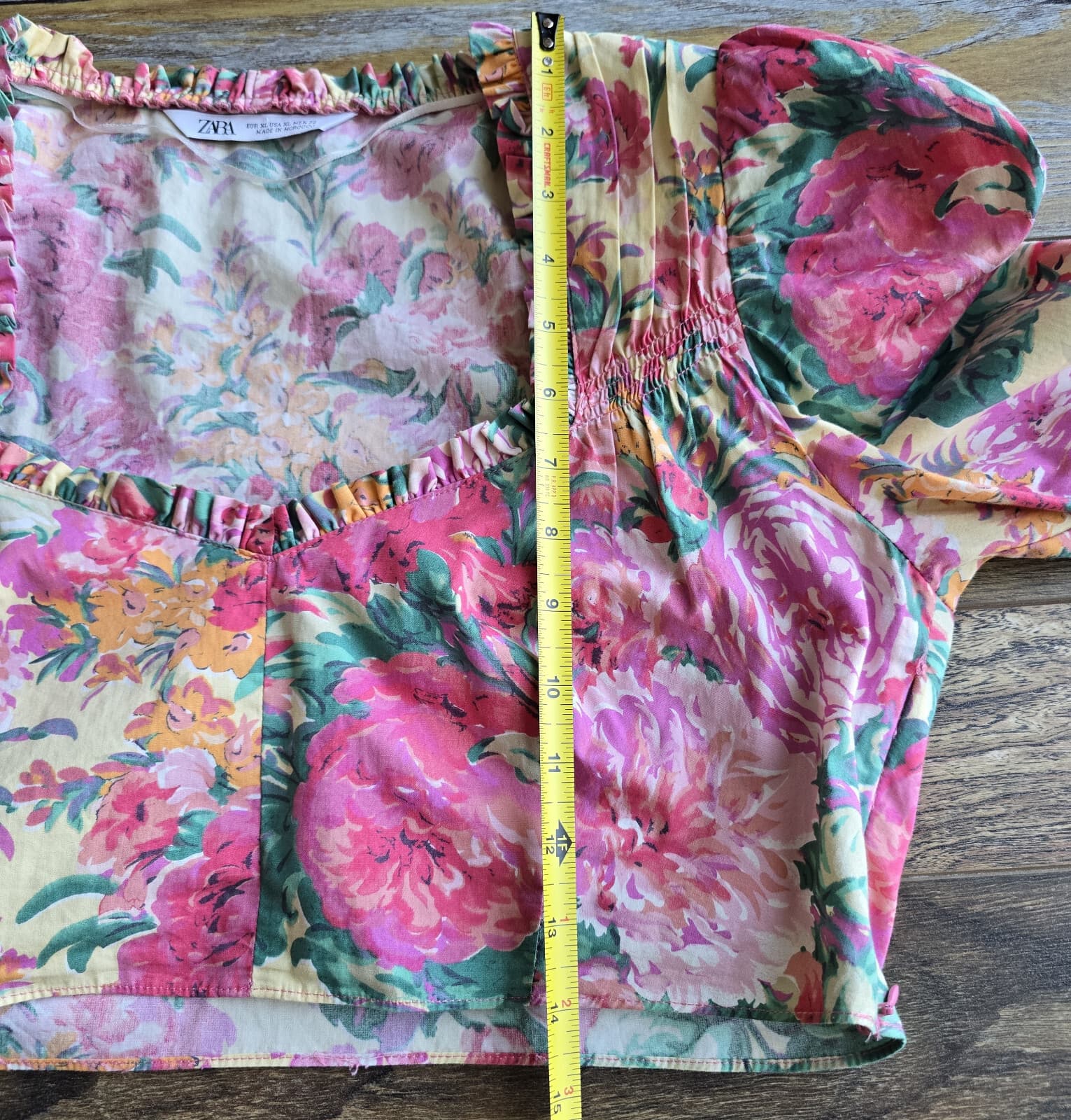 ZARA Floral Retro Cropped Top Long Sleeve Ruffle Sweetheart Neck Pink Cotton XL - Thumbnail 16