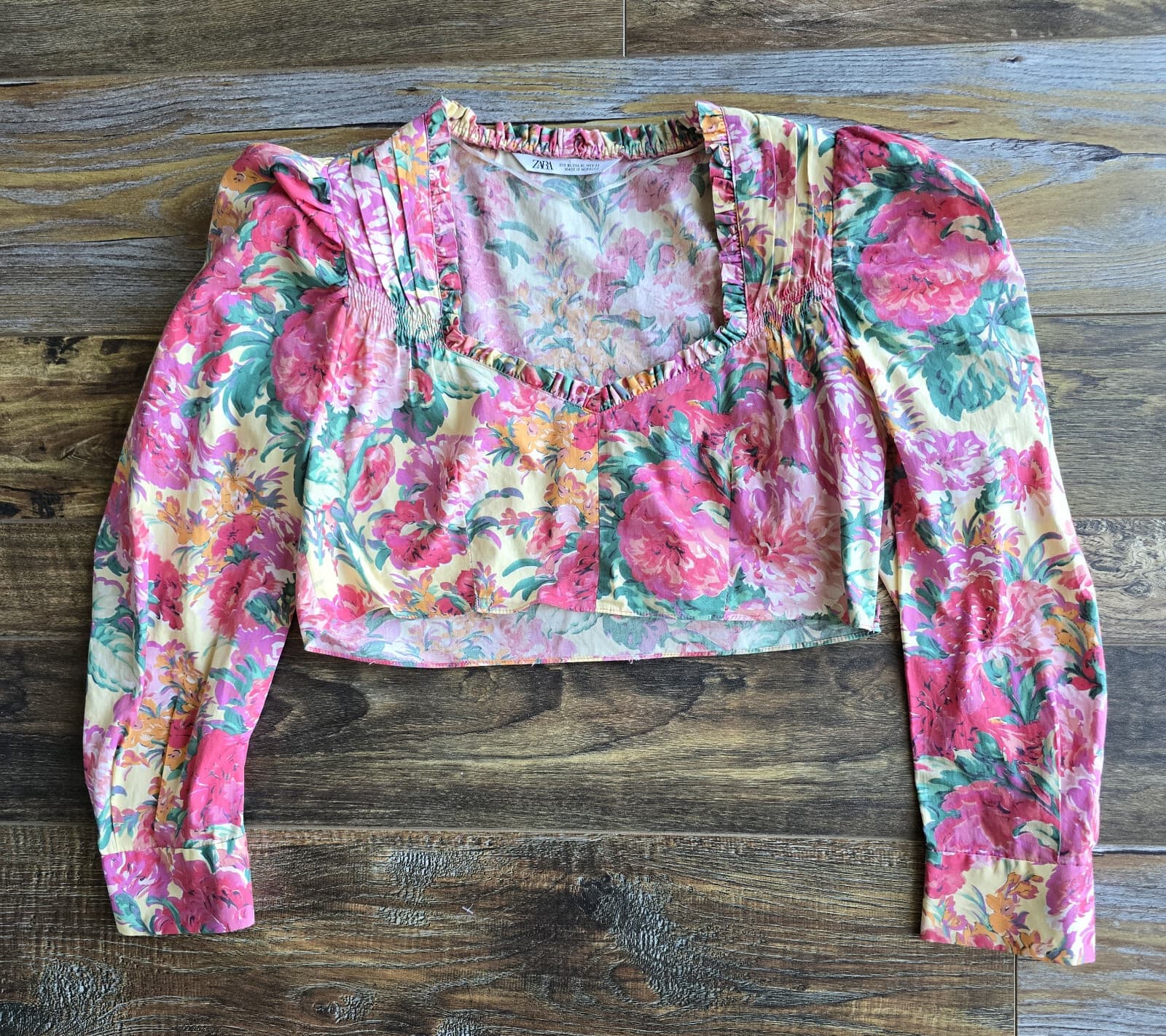 ZARA Floral Retro Cropped Top Long Sleeve Ruffle Sweetheart Neck Pink Cotton XL - Thumbnail 10