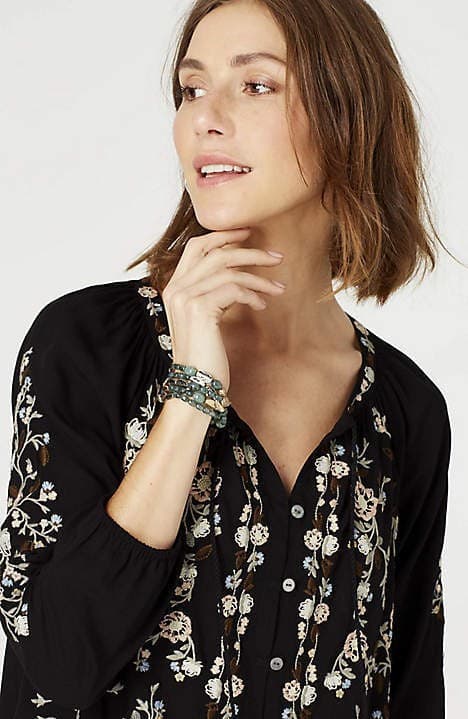 J.Jill Embroidered Peasant Blouse Tassel Button-Up 3/4 Sleeve Rayon Black Sz.M - Thumbnail 6