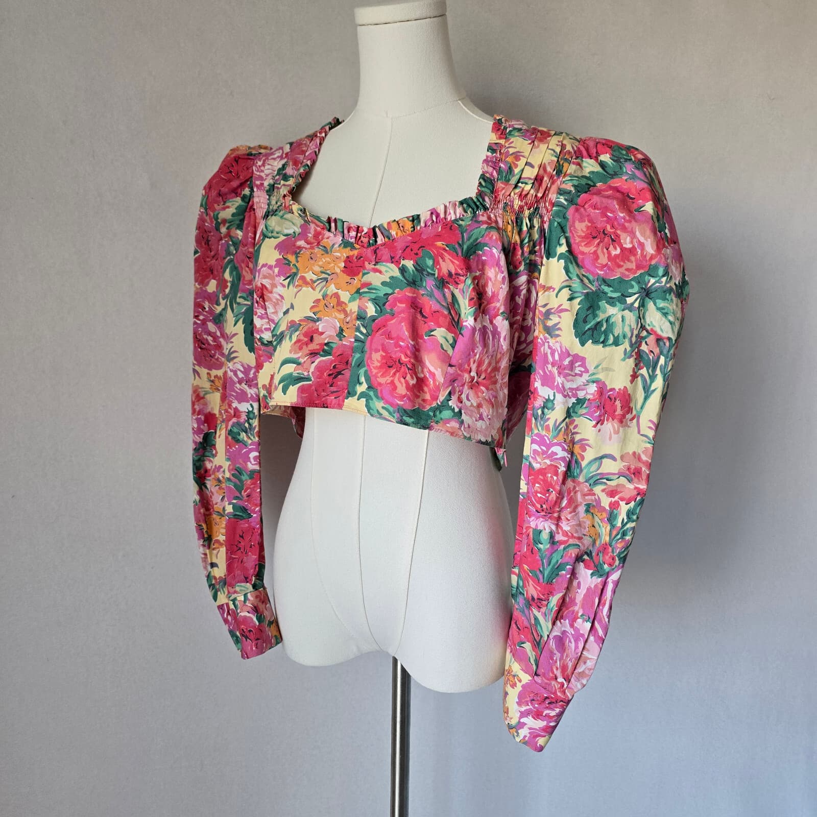 ZARA Floral Retro Cropped Top Long Sleeve Ruffle Sweetheart Neck Pink Cotton XL - Thumbnail 3