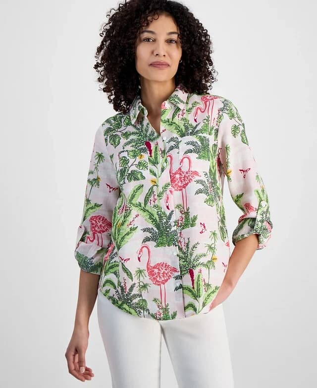 NWT Charter Club Linen Flamingo Palm Tree Button-Up Shirt Roll-Tap Sleeve Sz.PM - Thumbnail 2