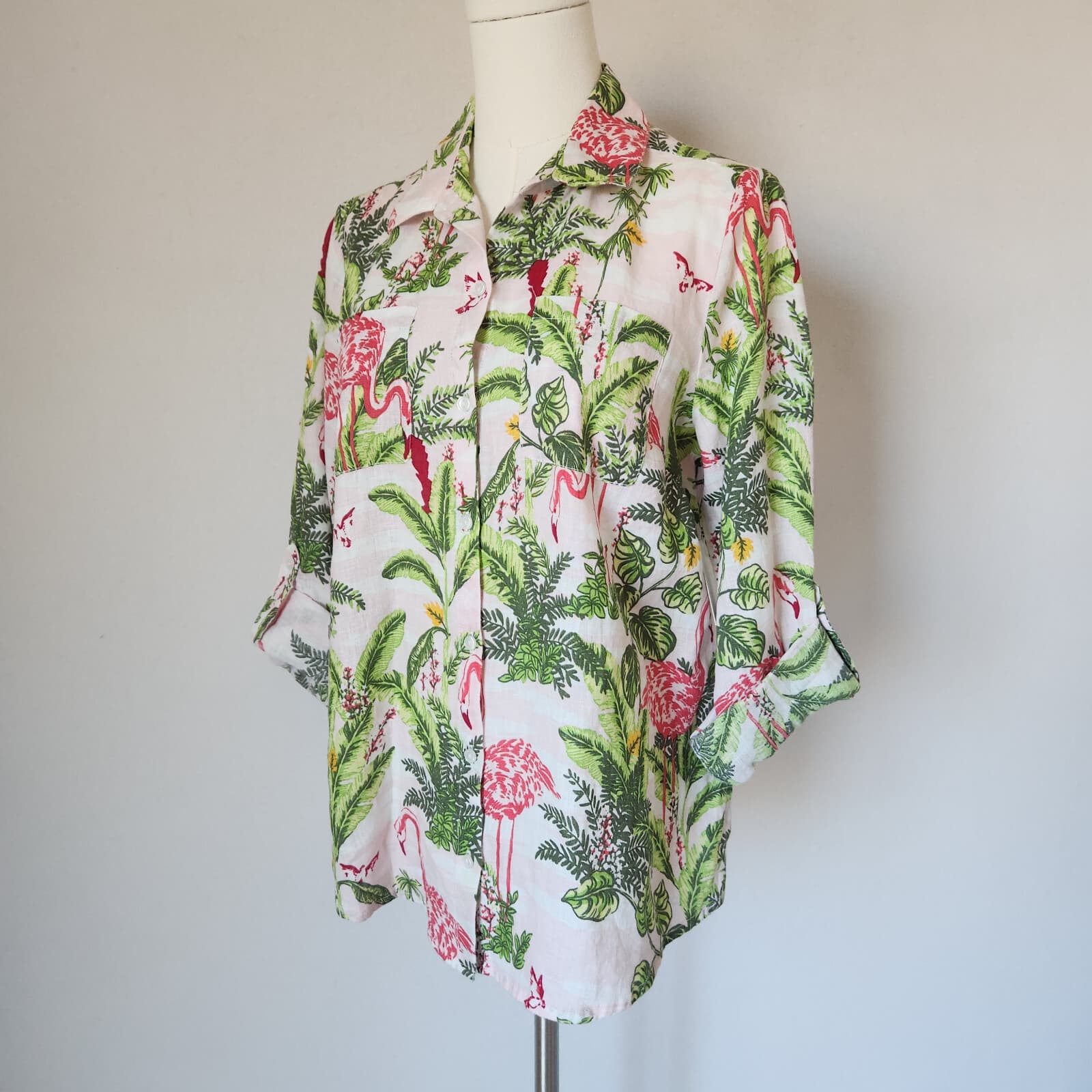 NWT Charter Club Linen Flamingo Palm Tree Button-Up Shirt Roll-Tap Sleeve Sz.PM - Thumbnail 3