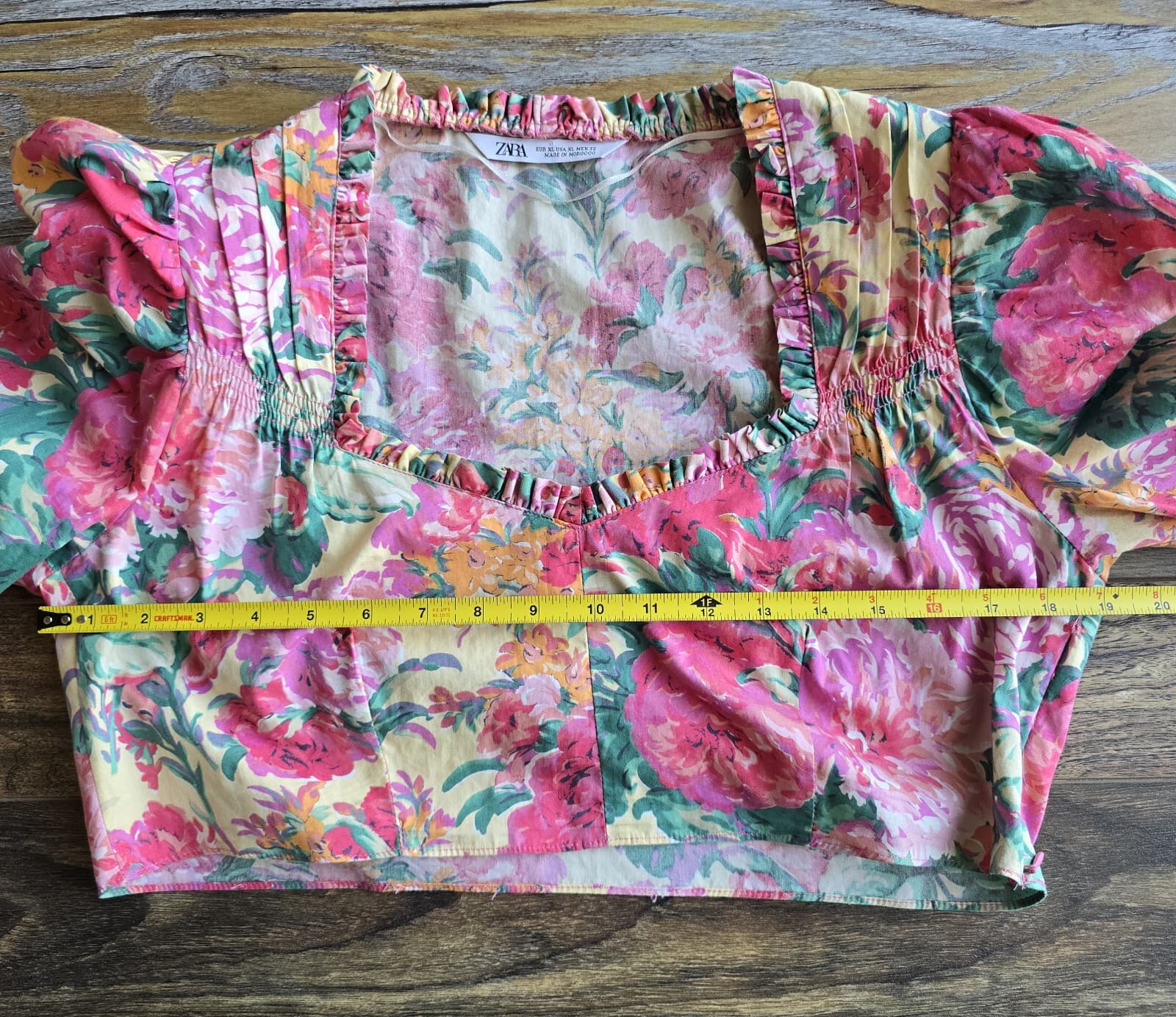 ZARA Floral Retro Cropped Top Long Sleeve Ruffle Sweetheart Neck Pink Cotton XL - Thumbnail 15