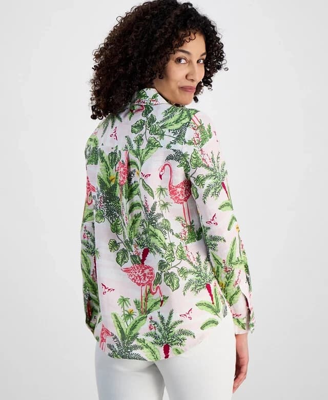 NWT Charter Club Linen Flamingo Palm Tree Button-Up Shirt Roll-Tap Sleeve Sz.PM - Thumbnail 6