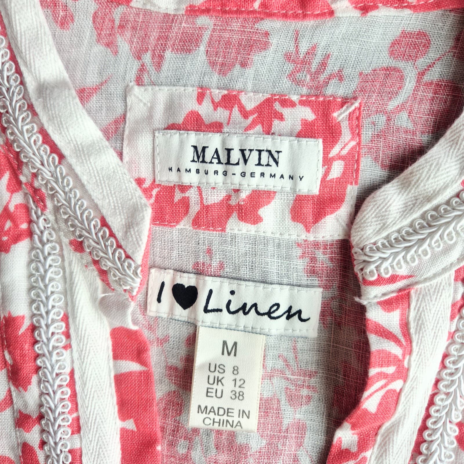Malvin I Love Linen Pink Floral Tunic Blouse Popover V-Neck Long Sleeve Size M - Thumbnail 10
