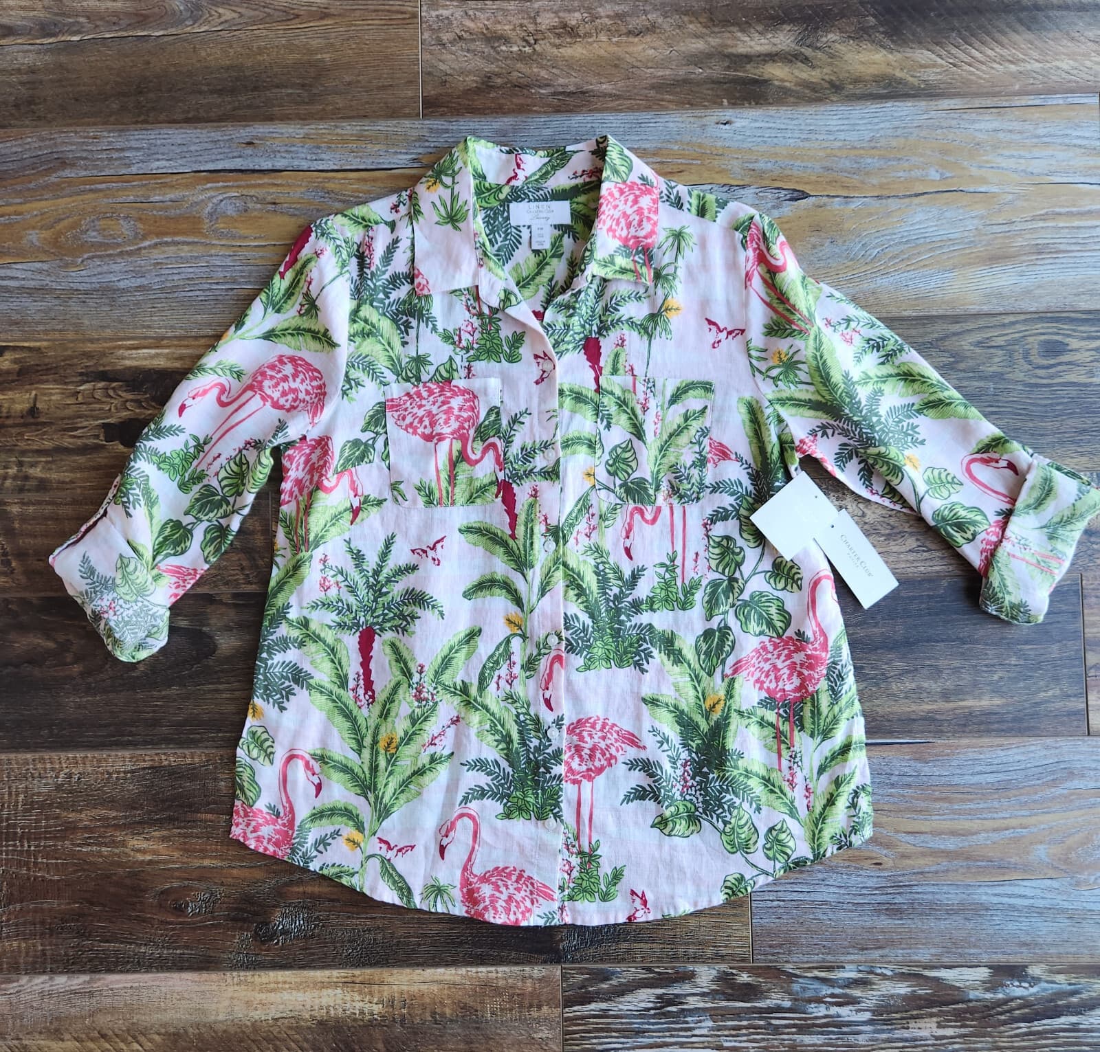 NWT Charter Club Linen Flamingo Palm Tree Button-Up Shirt Roll-Tap Sleeve Sz.PM - Thumbnail 7