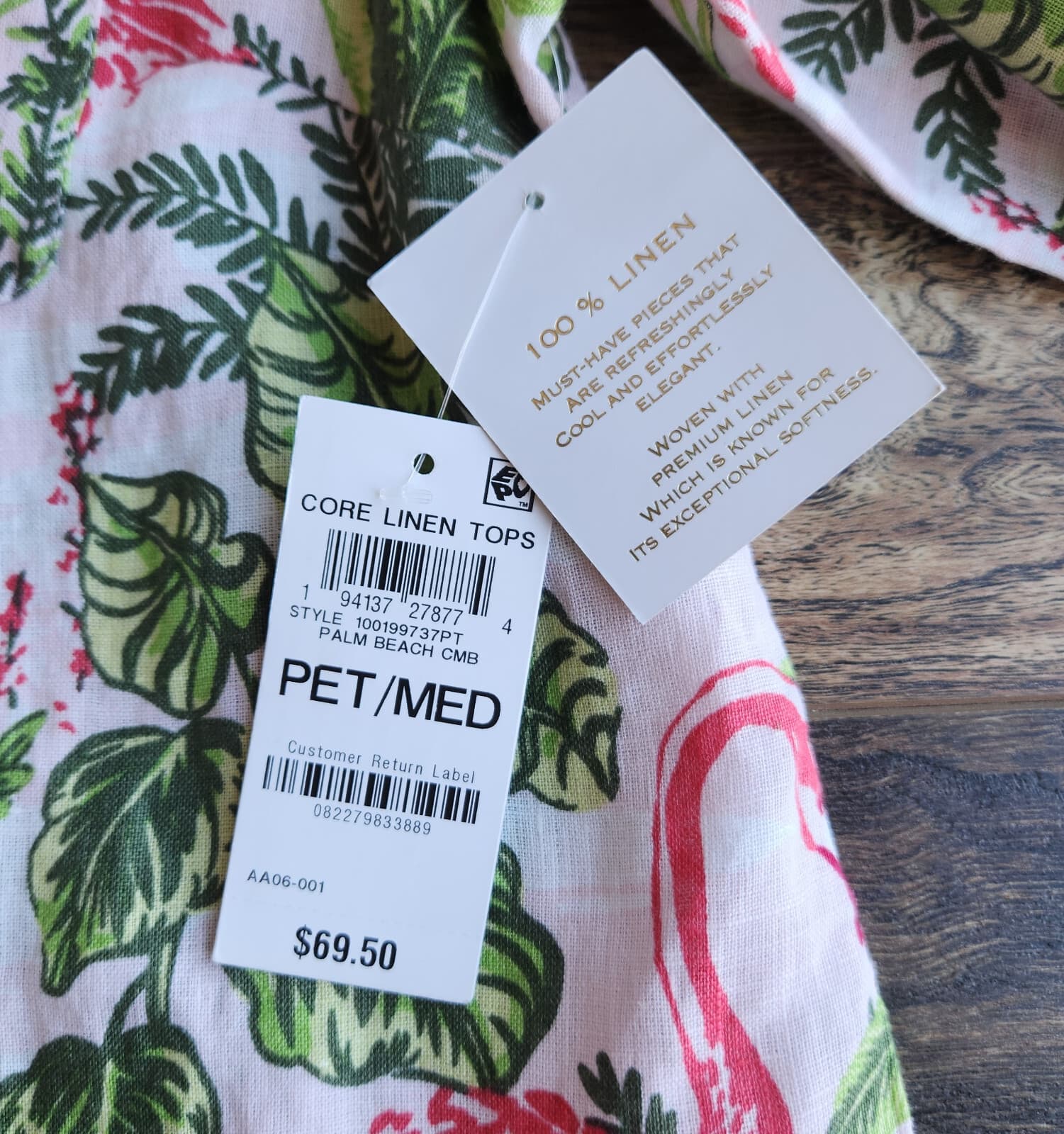 NWT Charter Club Linen Flamingo Palm Tree Button-Up Shirt Roll-Tap Sleeve Sz.PM - Thumbnail 10
