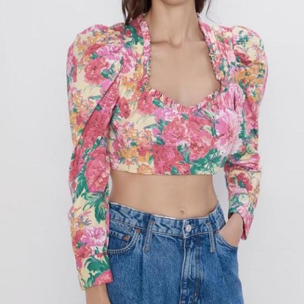 ZARA Floral Retro Cropped Top Long Sleeve Ruffle Sweetheart Neck Pink Cotton XL - Thumbnail 2