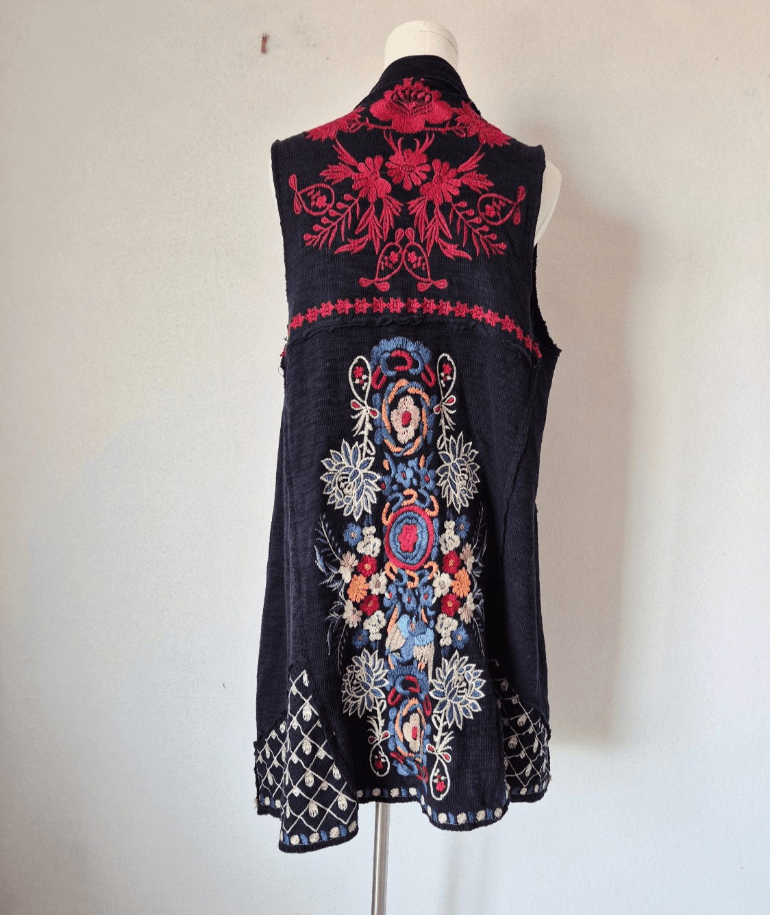 Coldwater Creek Sleeveless Embroidered Bohemian Drap Cardigan Vest Knit Blue XS - Thumbnail 6