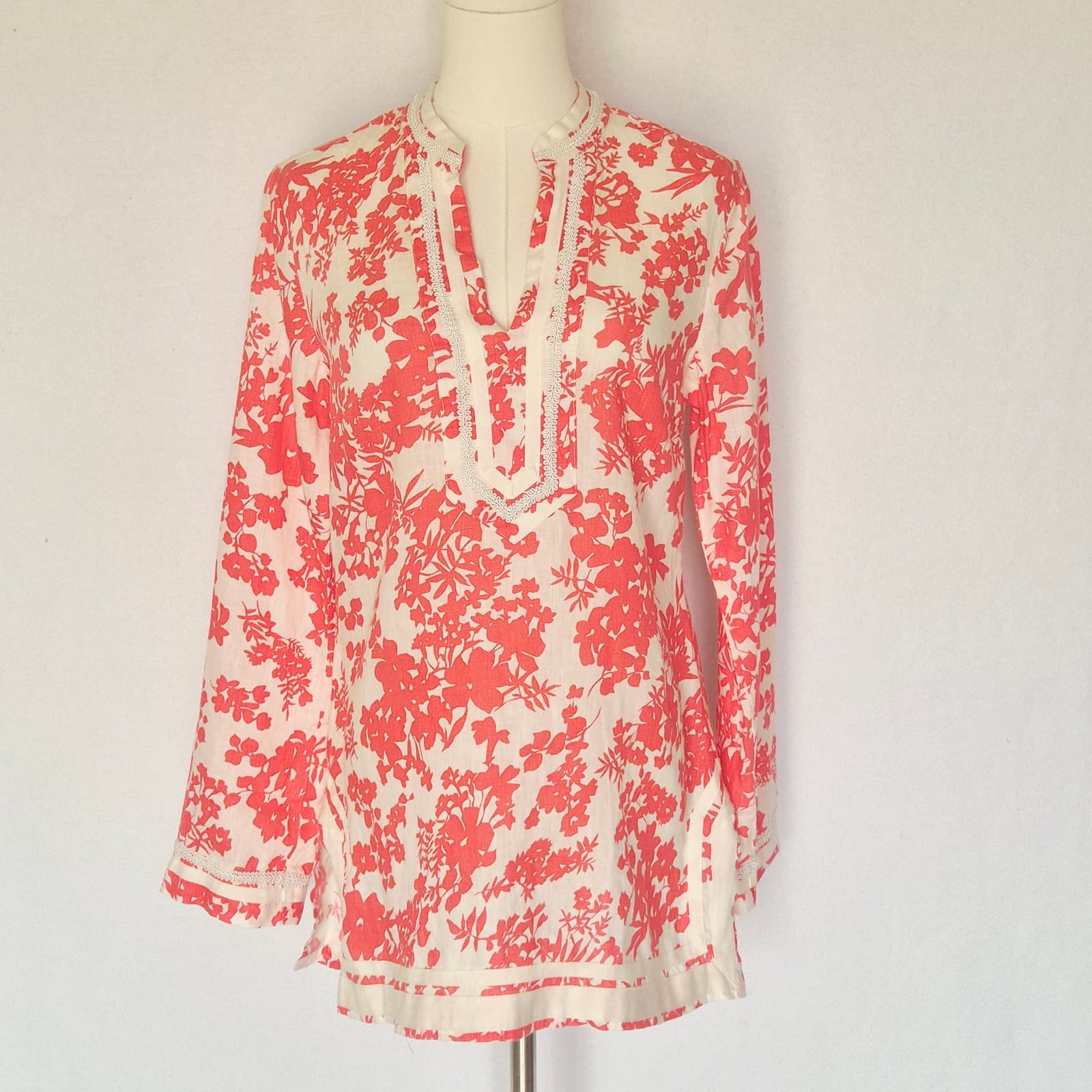 Malvin I Love Linen Pink Floral Tunic Blouse Popover V-Neck Long Sleeve Size M - Thumbnail 2