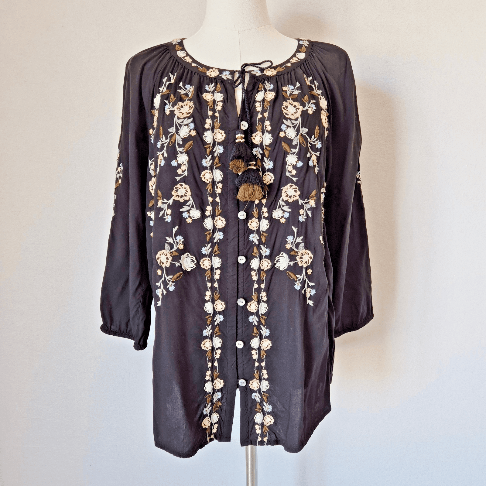 J.Jill Embroidered Peasant Blouse Tassel Button-Up 3/4 Sleeve Rayon Black Sz.M - Thumbnail 5